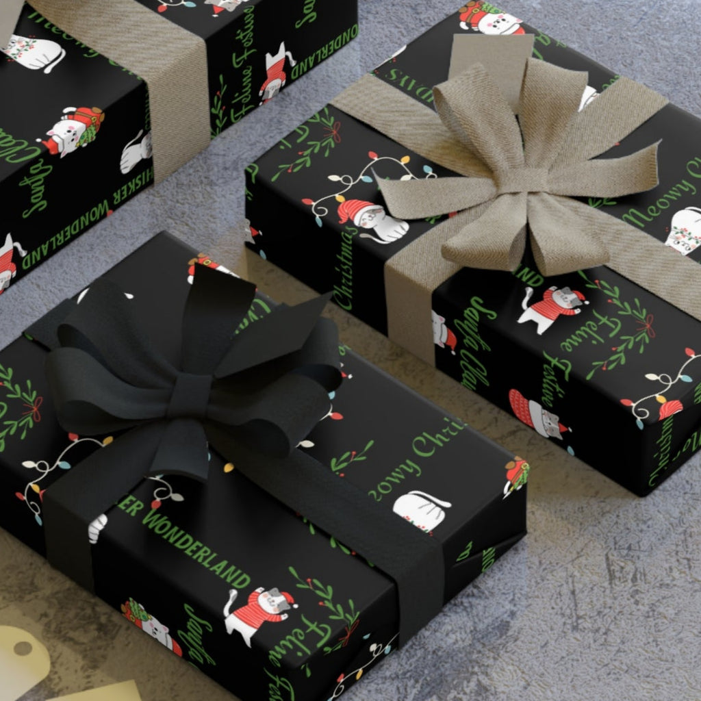 Cat Pun Christmas Gift Wrapping Paper Roll, Sleek Black Design