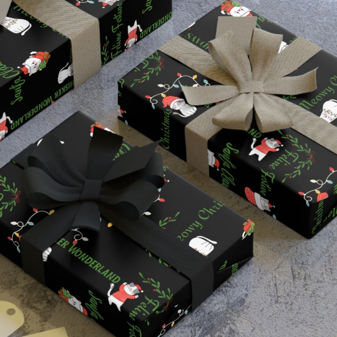 Cat Pun Christmas Gift Wrapping Paper Roll, Sleek Black Design