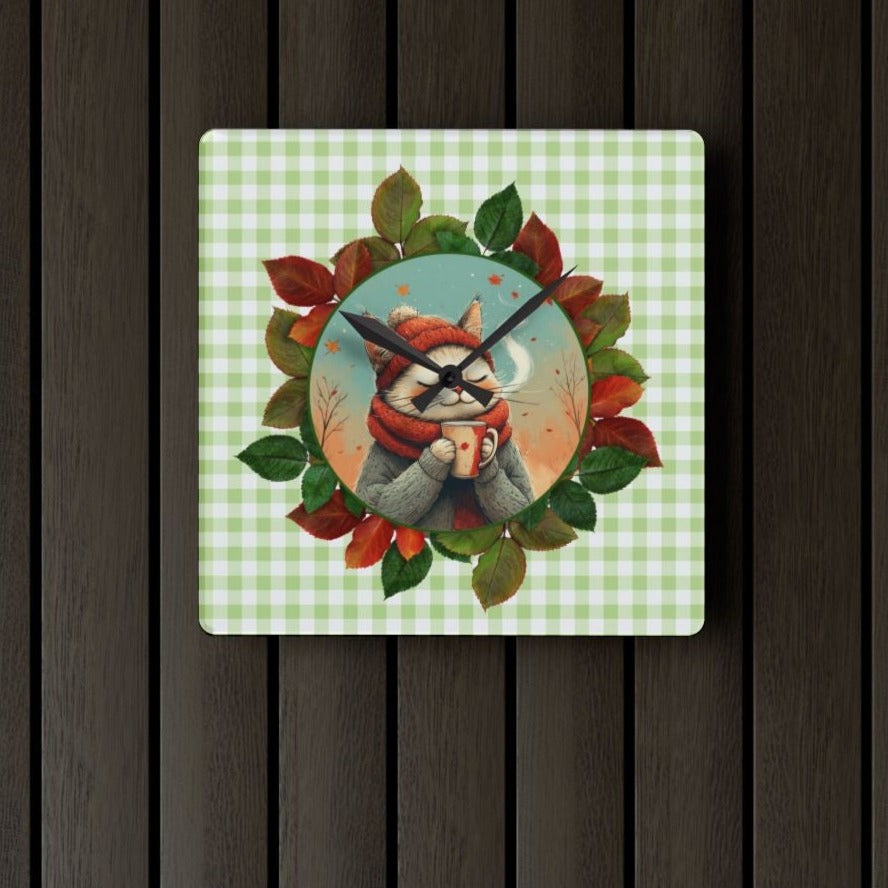 Country Autumn Kitty Acrylic Wall Clock, Cute Cat Decor
