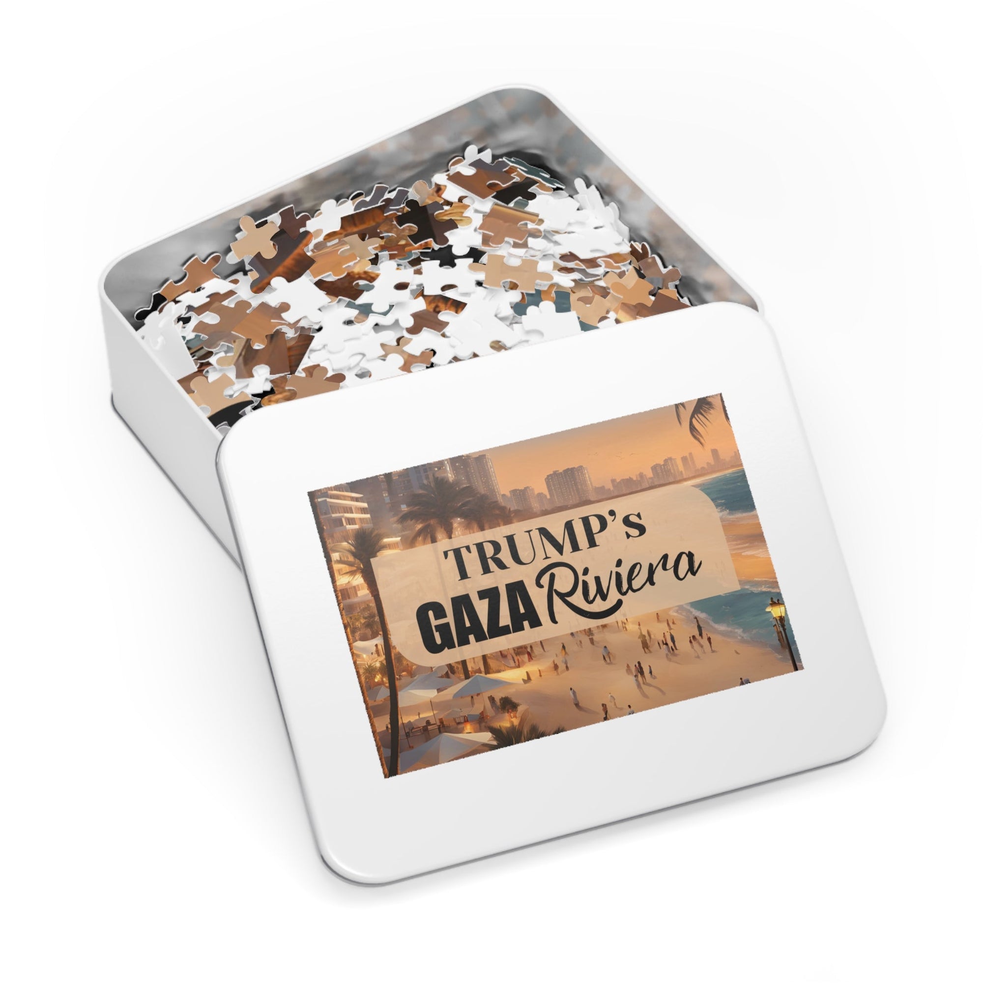 Trump's Gaza Riviera Jigsaw Puzzle with Tin Printify
