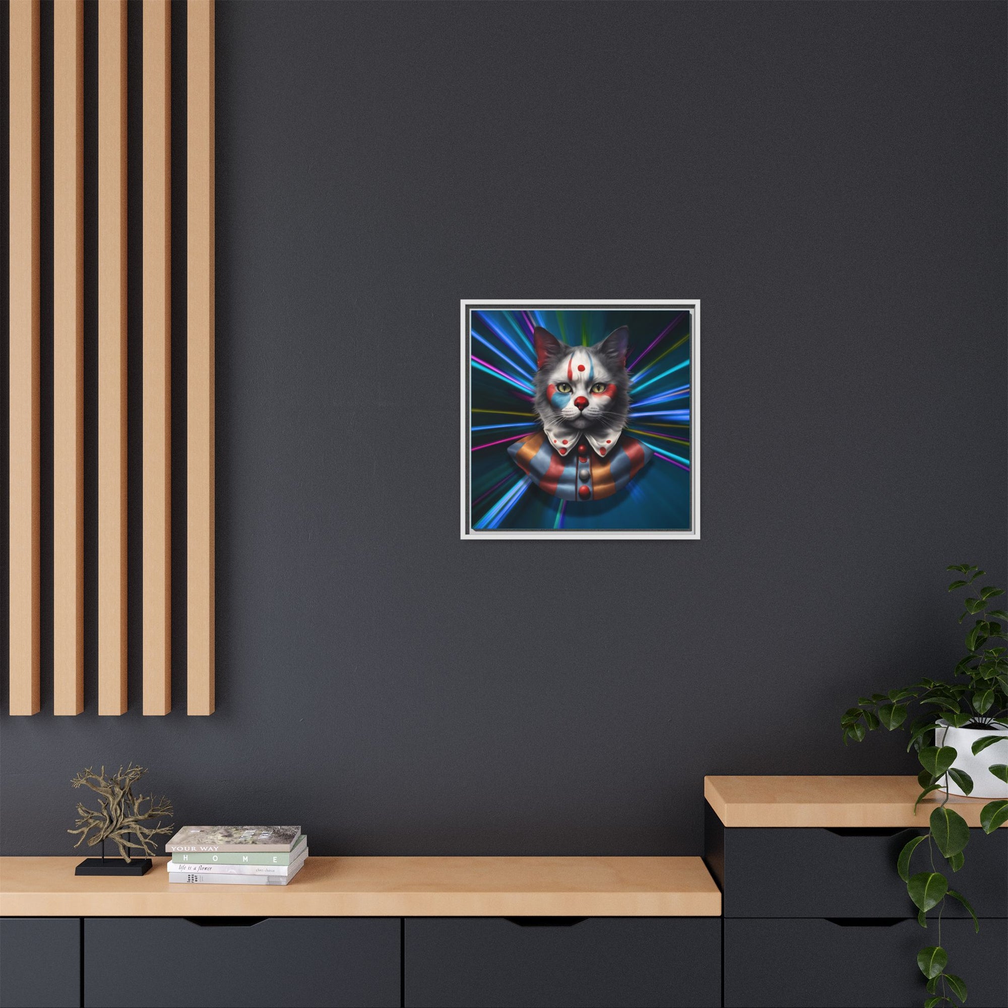 Colorful Cat Clown Framed Canvas Art – Quirky Home Decor for Pet Lovers
