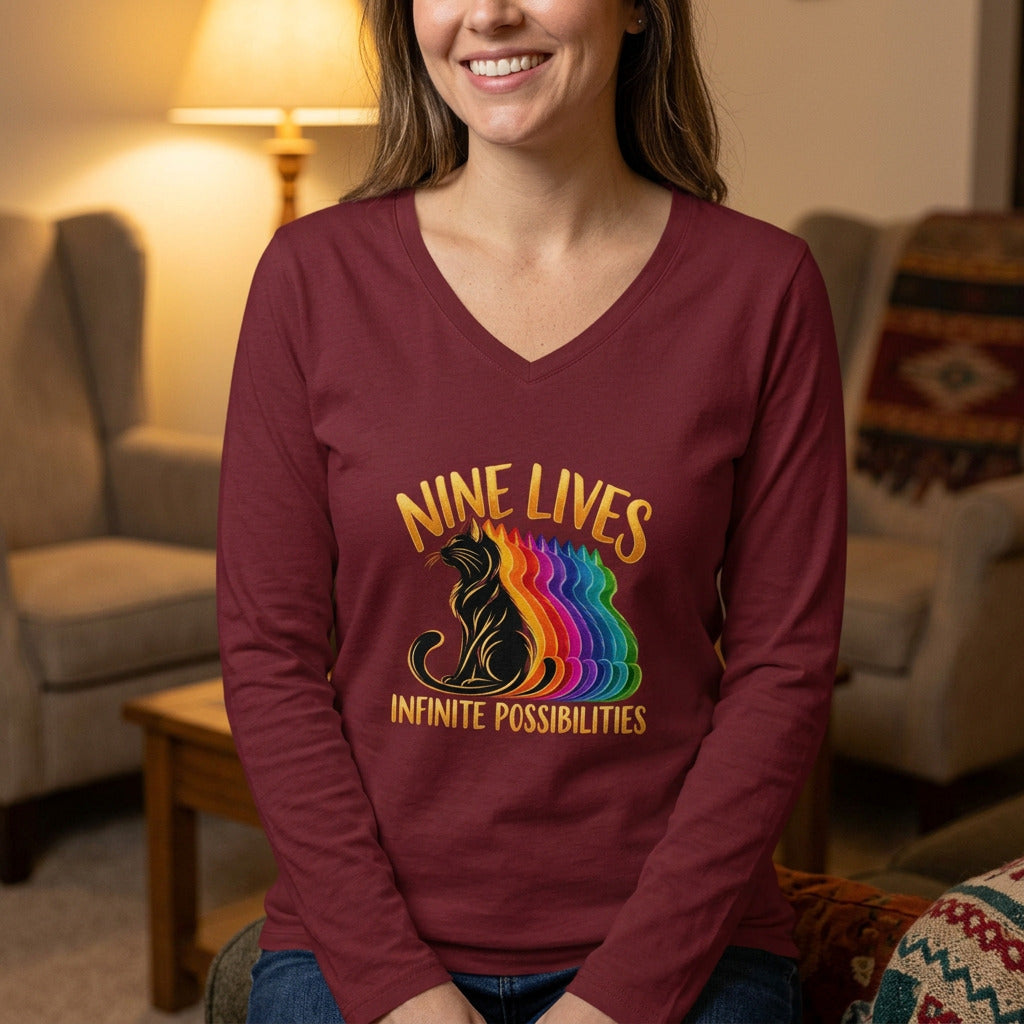 Nine Lives, Infinite Possibilities Women's Long Sleeve V-Neck T-Shirt | Colorful Cat Art