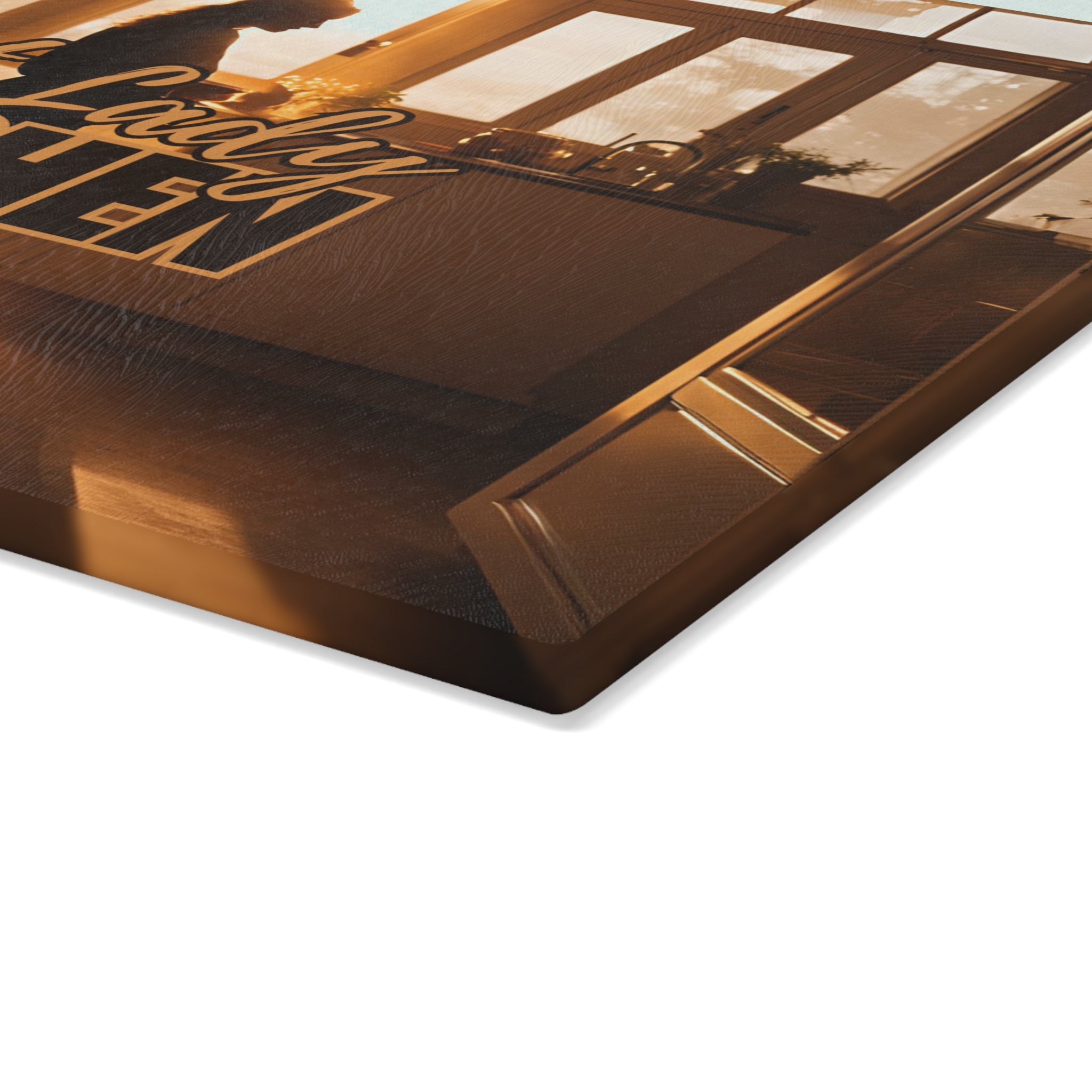 Photo depicting the ​Sunset Cat Lady Kitchen Glass Cutting Board from EpiAl's Shop.