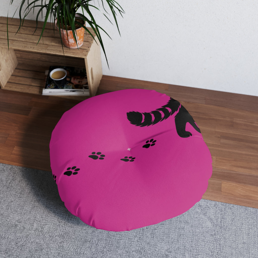 Midnight Cat Walk Round Floor Pillow – Hot Pink Paw Print Cushion (26" or 30")
