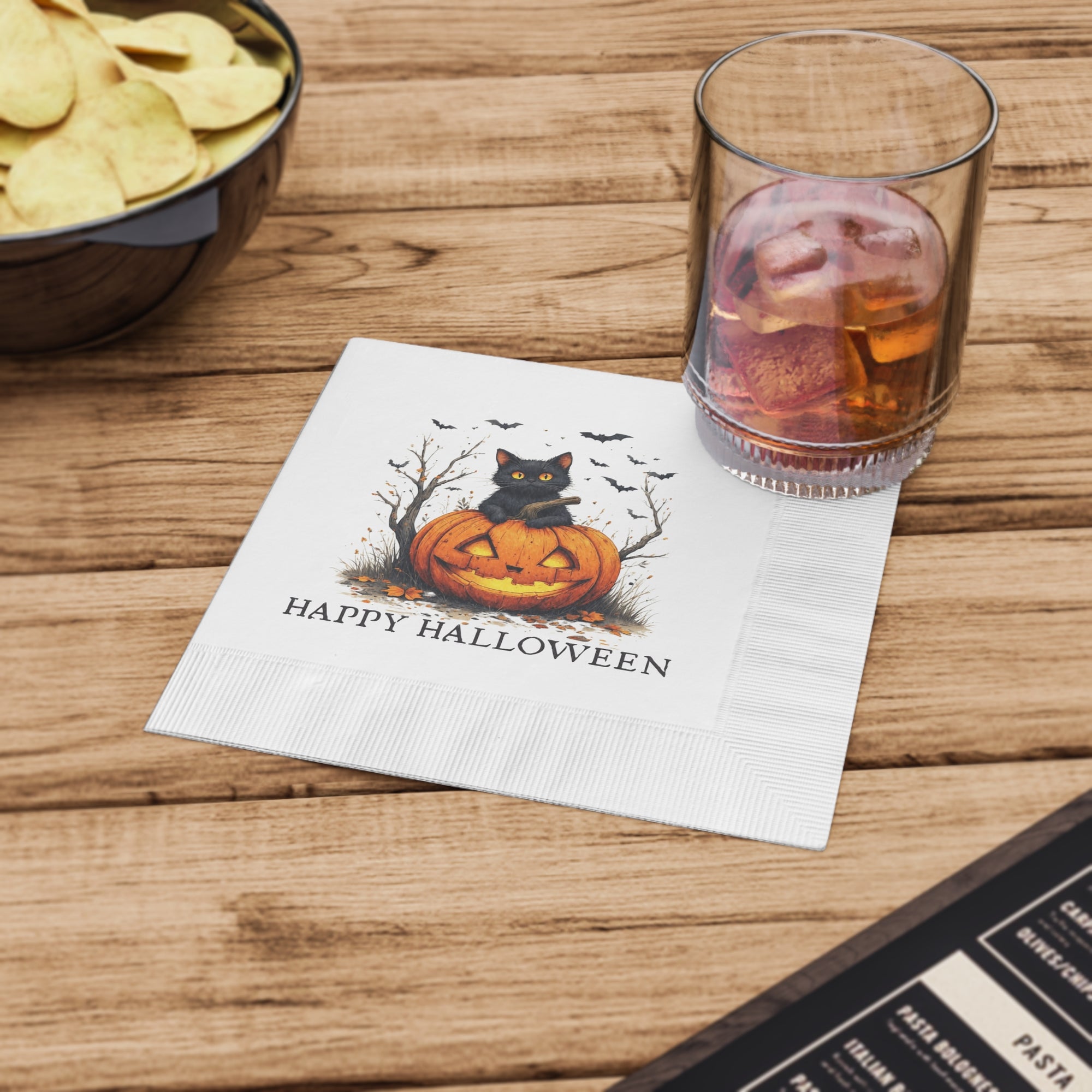 Halloween Themed Napkins with Cat and Pumpkin Design