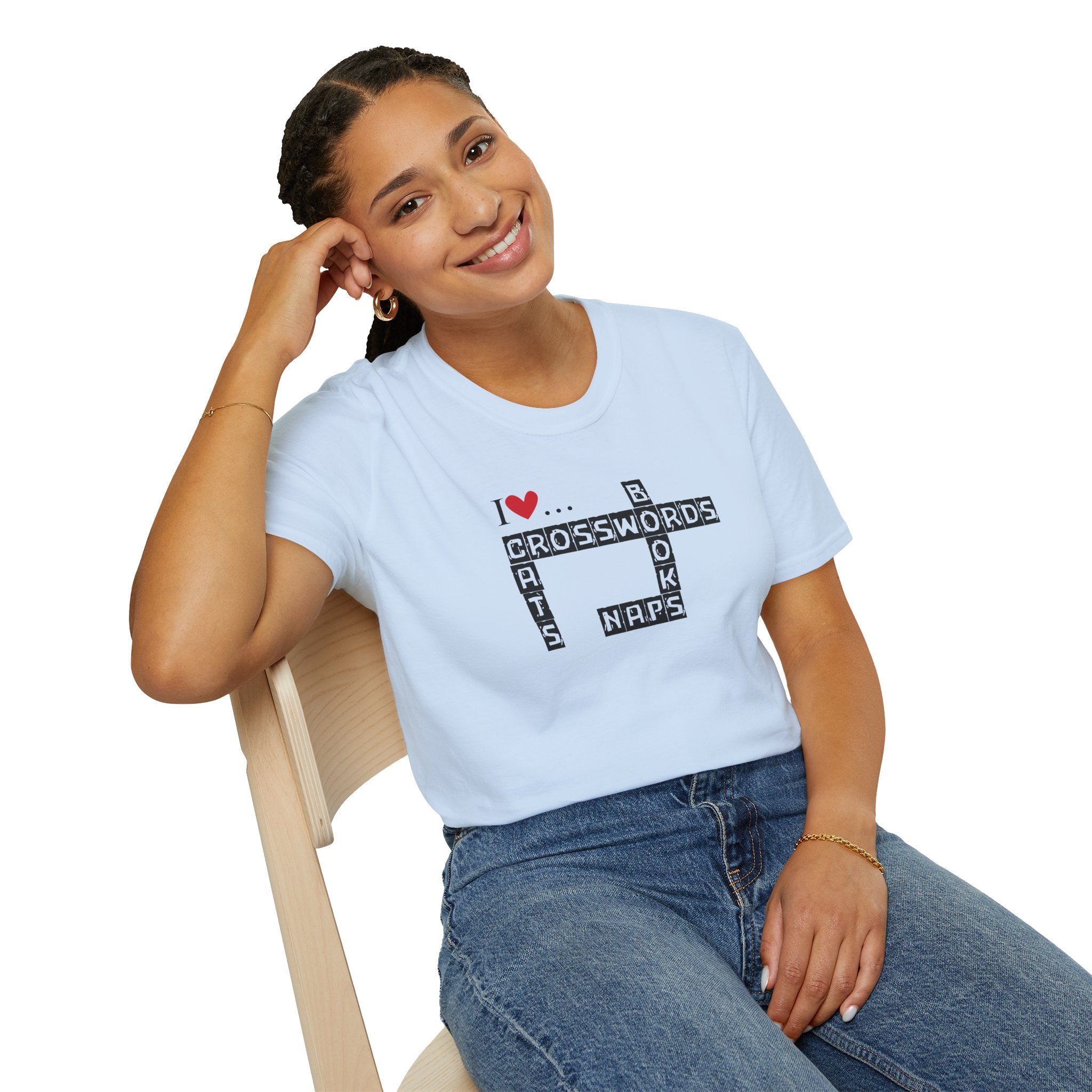 Photo depicting the ​Crosswords and Cats Unisex Softstyle T-Shirt from EpiAl's Shop.