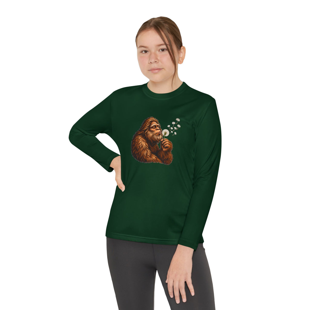 Bigfoot Blowing Dandelion Youth Long Sleeve Tee | Kids Sasquatch Shirt