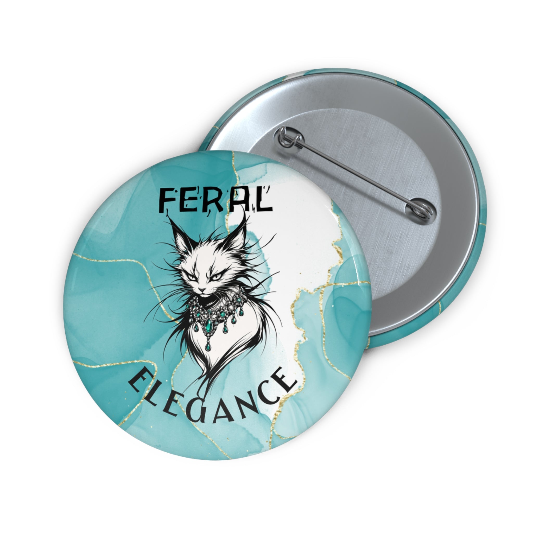 Feral Elegance Cat Pinback Button – Teal Marble Statement Badge