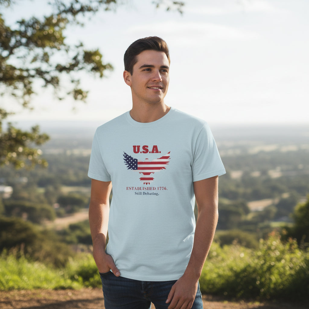 U.S.A. Still Debating Tee – Patriotic Humor Heavyweight Shirt