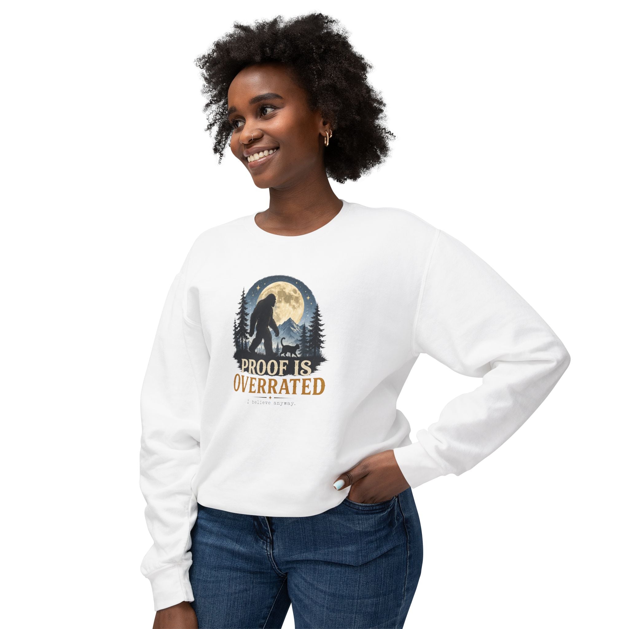 Proof Is Overrated Sasquatch & Cat Crewneck Sweatshirt