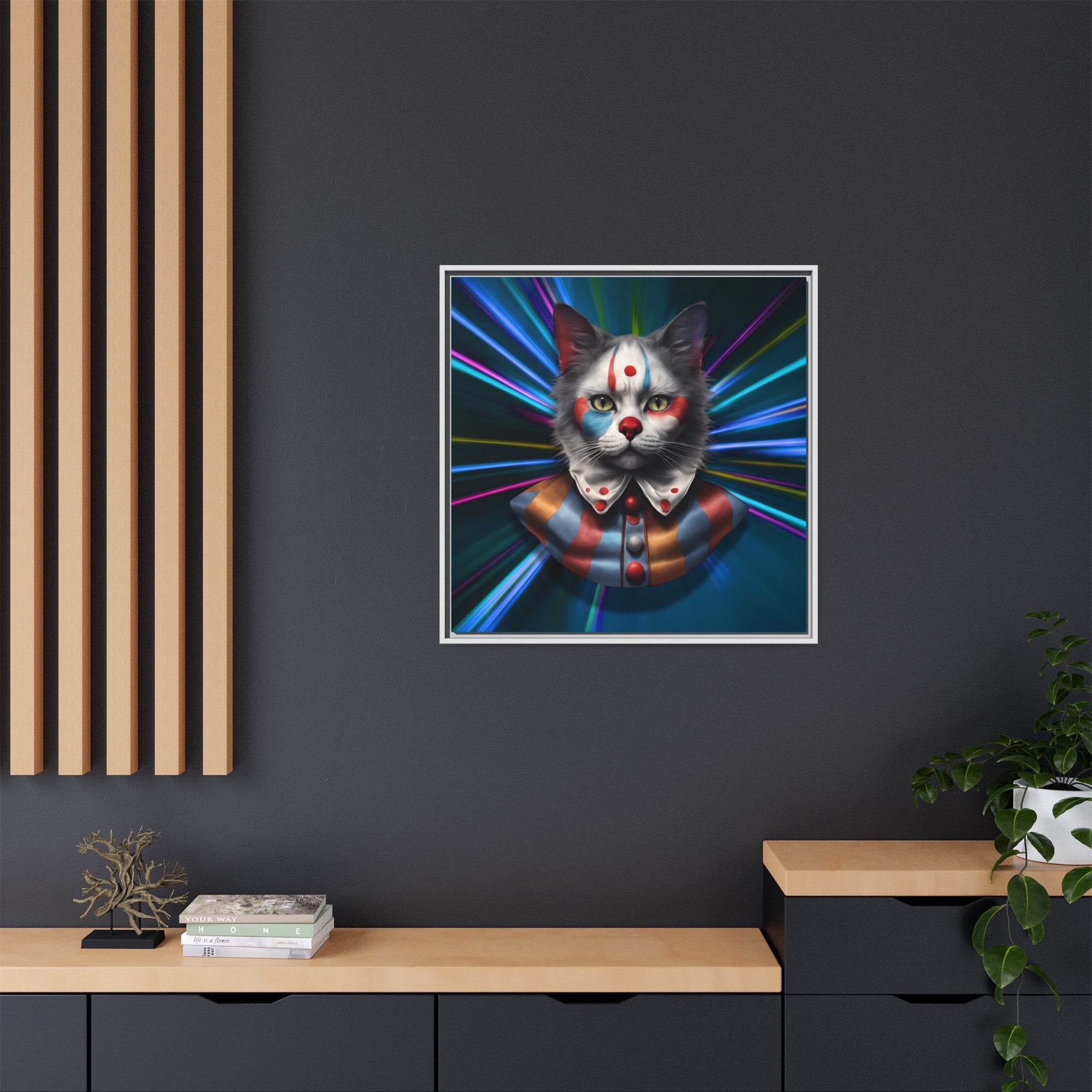 Colorful Cat Clown Framed Canvas Art – Quirky Home Decor for Pet Lovers