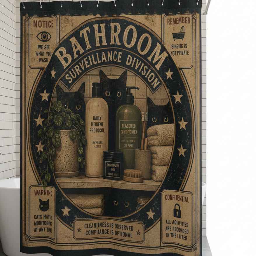Bathroom Surveillance Division Shower Curtain | Funny Black Cat Bathroom Decor