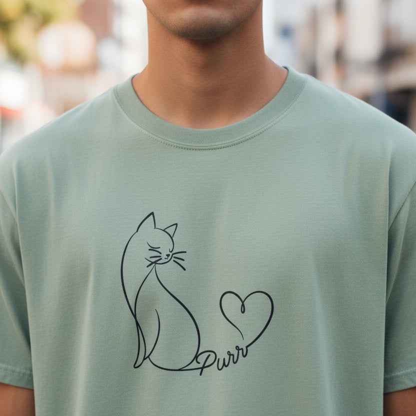 Purr Line Art Cat Unisex T-Shirt | Minimal Cat Lover Tee with Heart Tail
