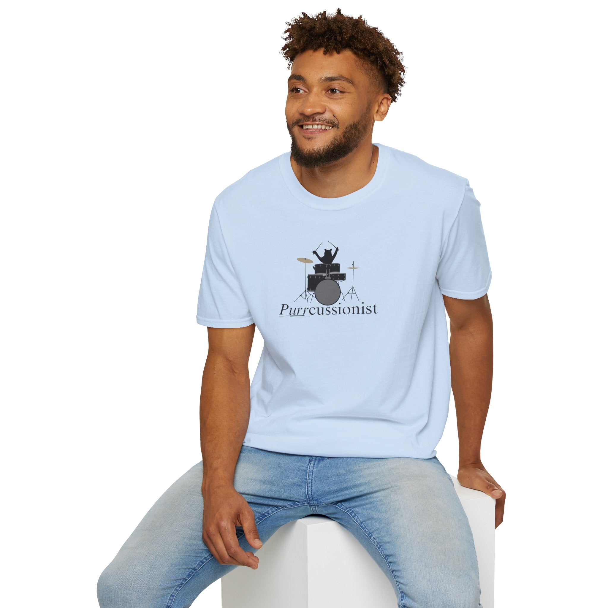 Photo depicting the ​Purrcussionist Unisex Softstyle T-Shirt from EpiAl's Shop.