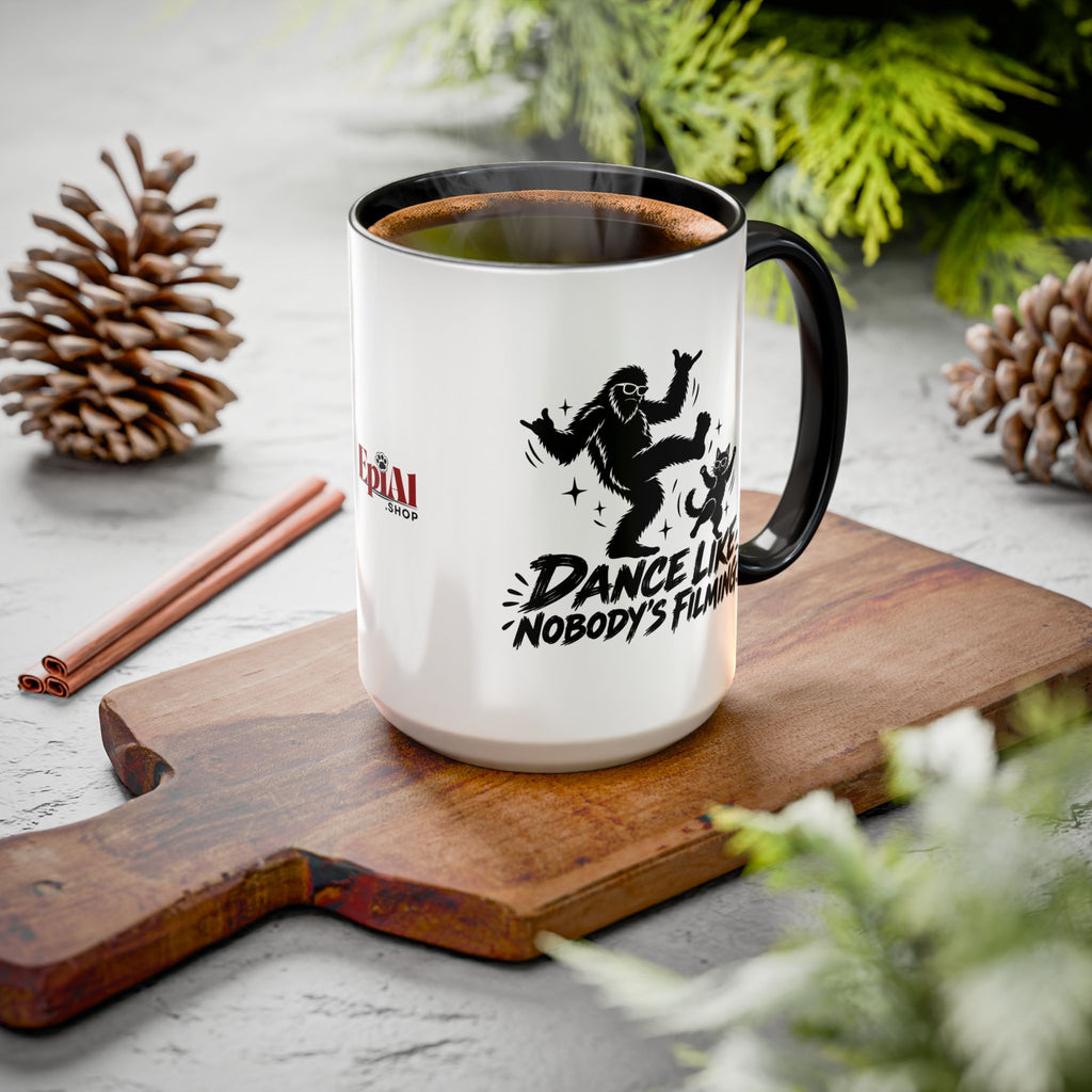 Dance Like Nobody's Filming | Funny Bigfoot & Cat Coffee Mug (11oz/15oz)