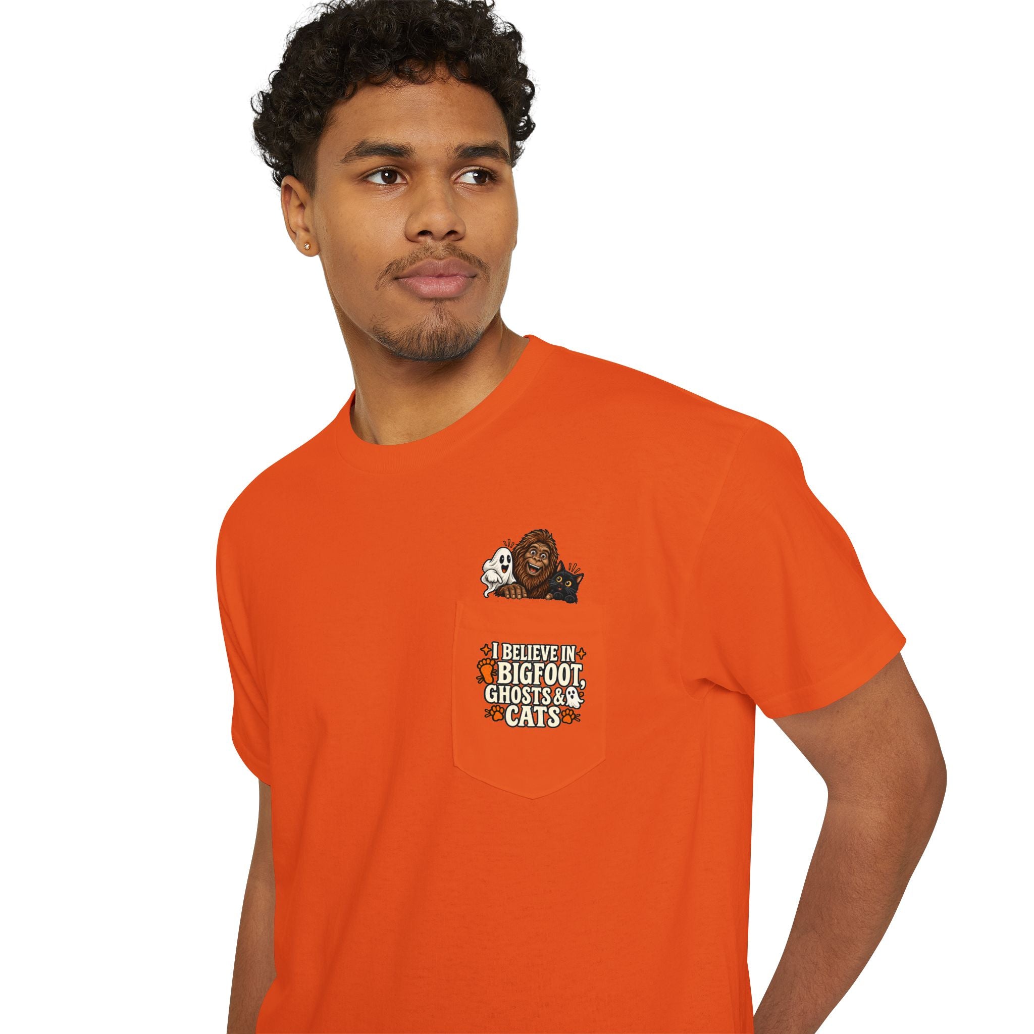 I Believe in Bigfoot, Ghosts & Cats Pocket T-Shirt