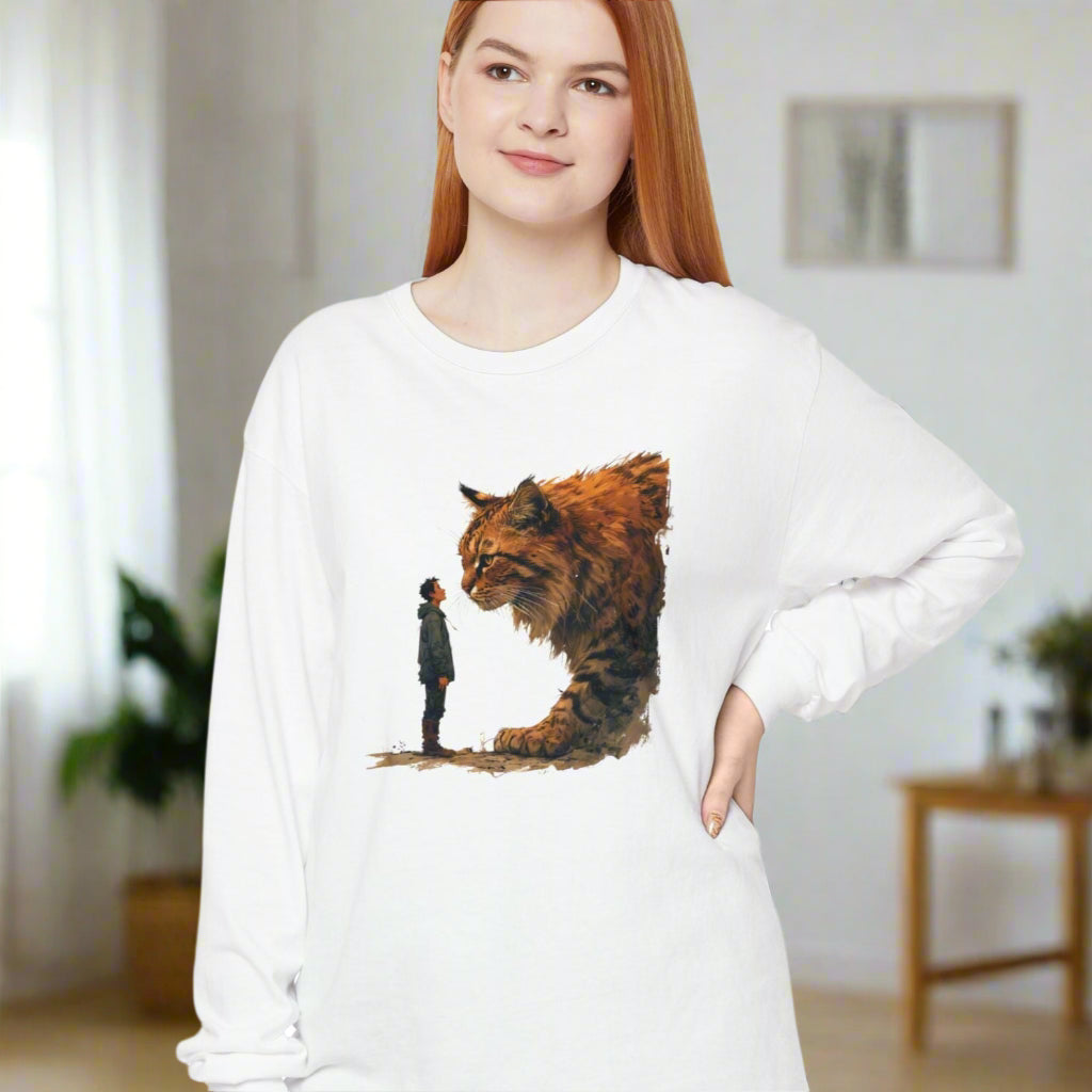 Whimsical Long Sleeve T-Shirt with Giant Cat Design