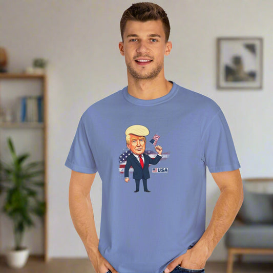 Patriotic Cartoon T-Shirt - Unisex Garment-Dyed Tee with Trump Design