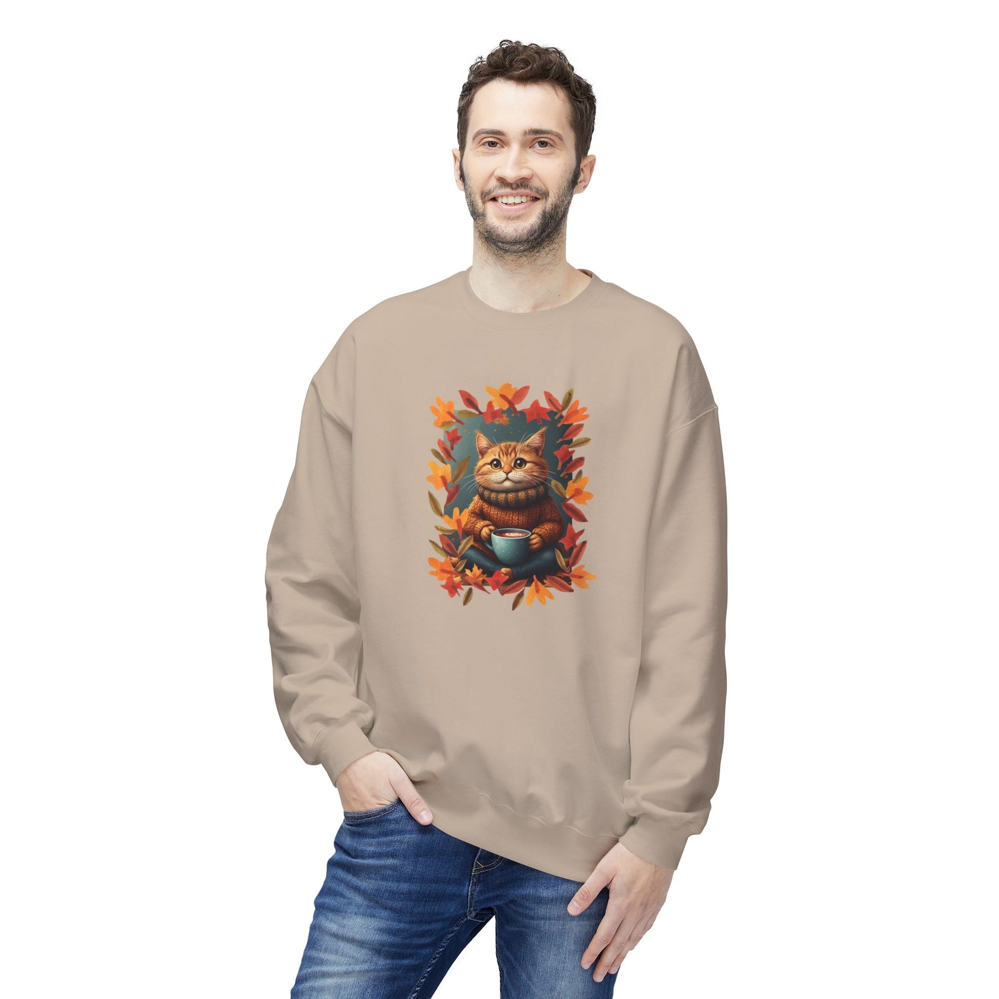 Whimsical Fall Fleece Kitty Sweatshirt, Cozy Autumn Apparel