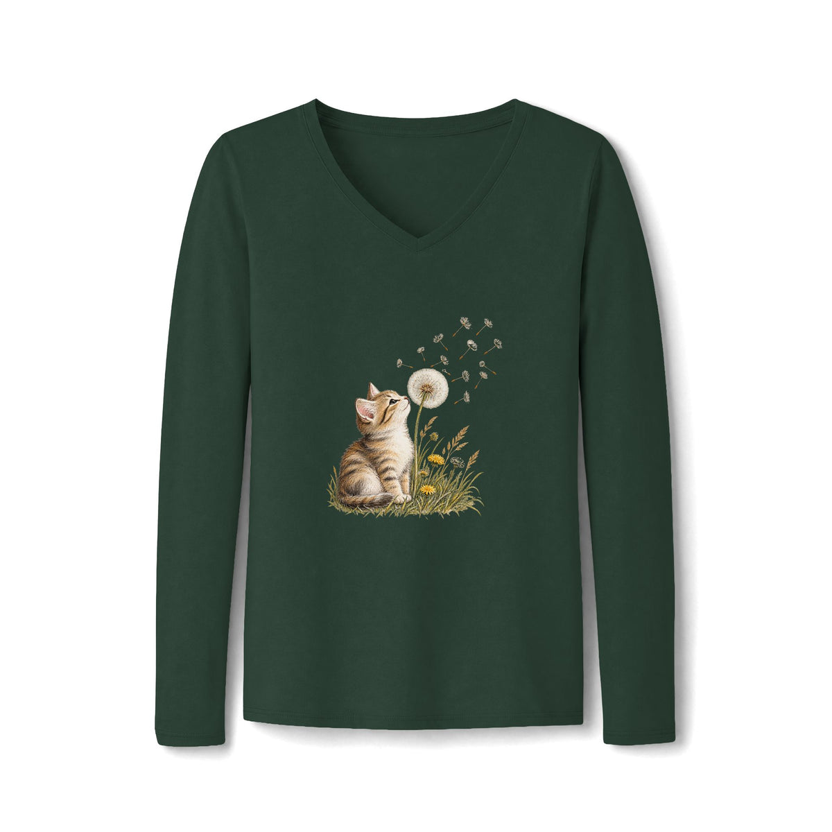 Kitten & Dandelion Women's Long Sleeve V-Neck Shirt | Floral Cat Lover Tee