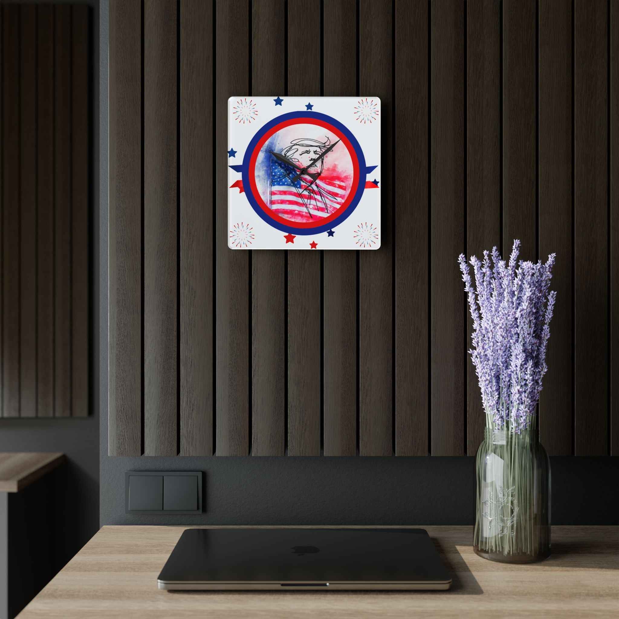 Patriotic Sketch Portrait Acrylic Wall Clock – American Flag Watercolor Clock