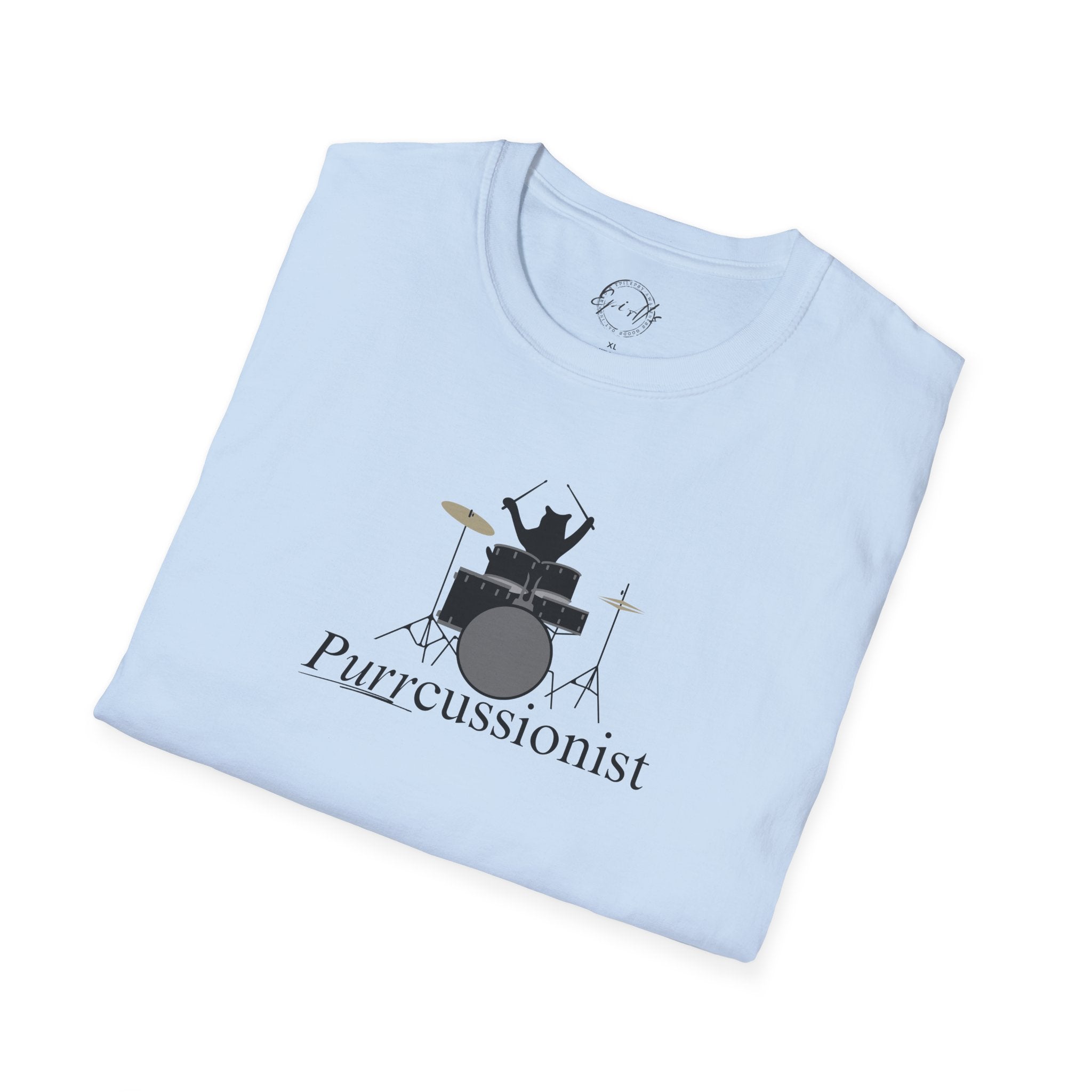 Photo depicting the ​Purrcussionist Unisex Softstyle T-Shirt from EpiAl's Shop.
