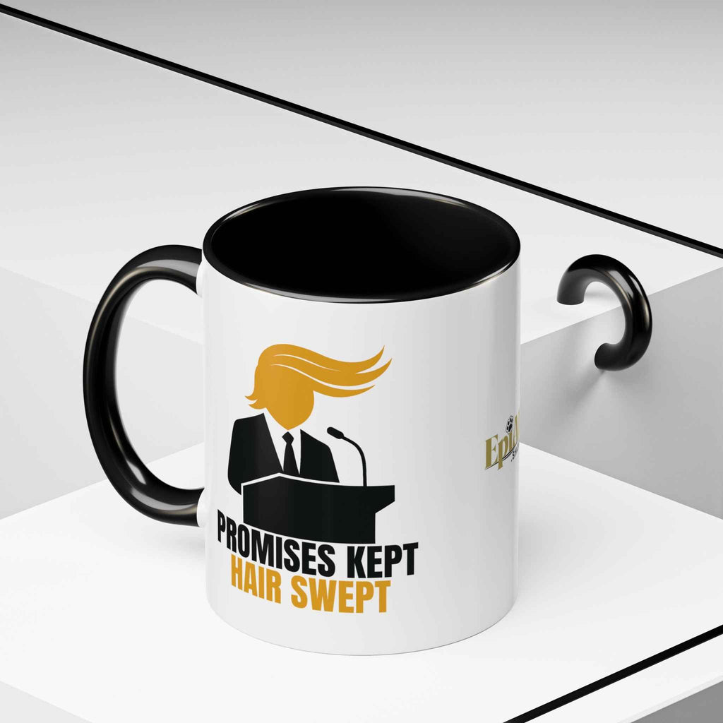 Promises Kept, Hair Swept — Two-Tone Coffee Mug (Political Parody)