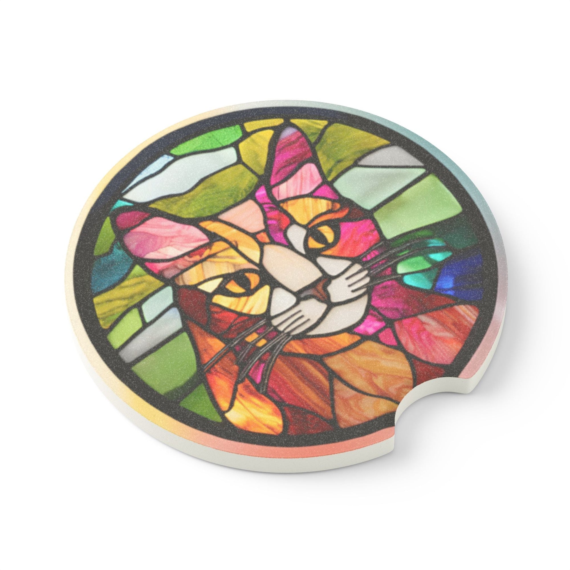 Colorful Stained Glass Cat Soapstone Car Coaster Printify