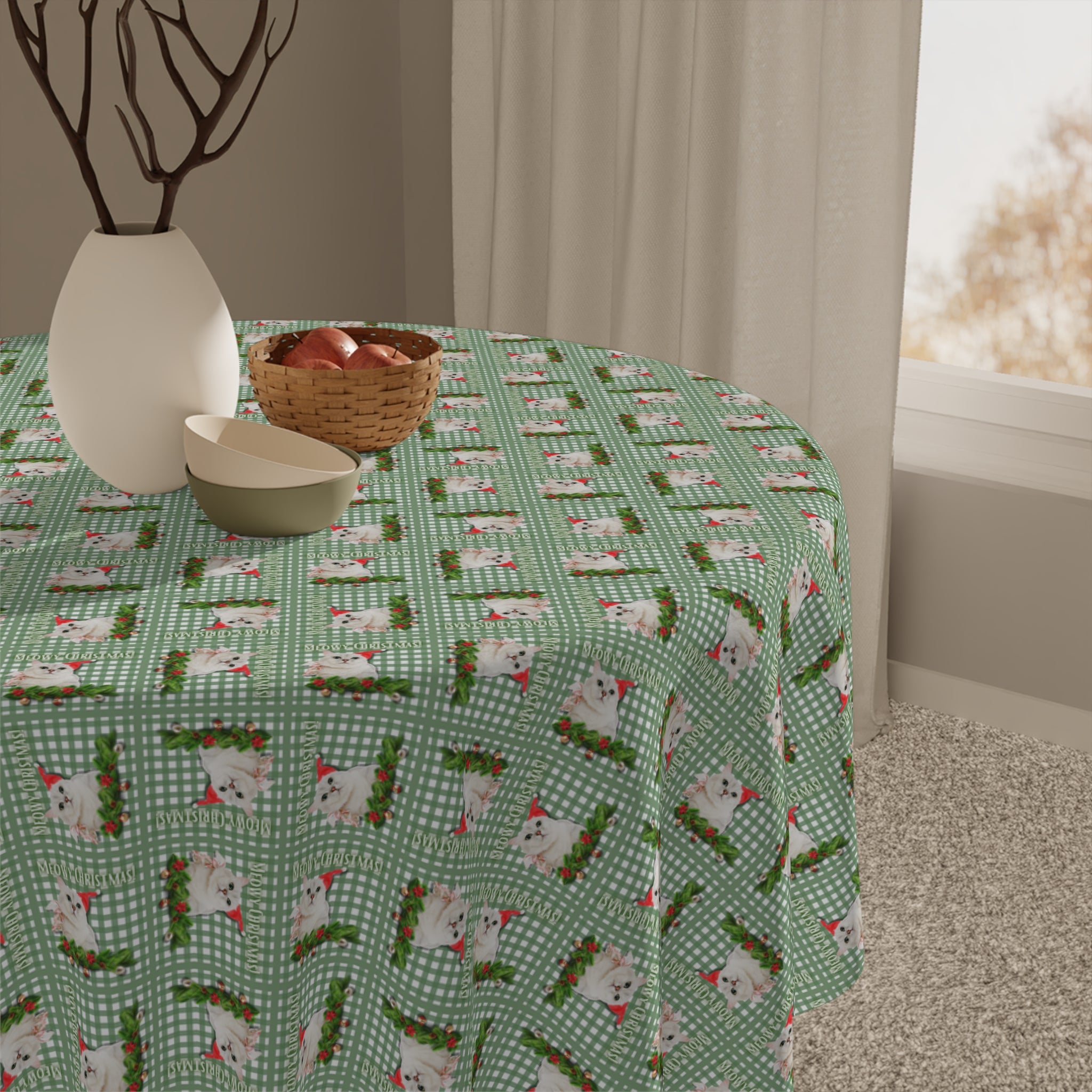Photo depicting the ​Meowy Gingham Christmas Tablecloth from EpiAl's Shop.
