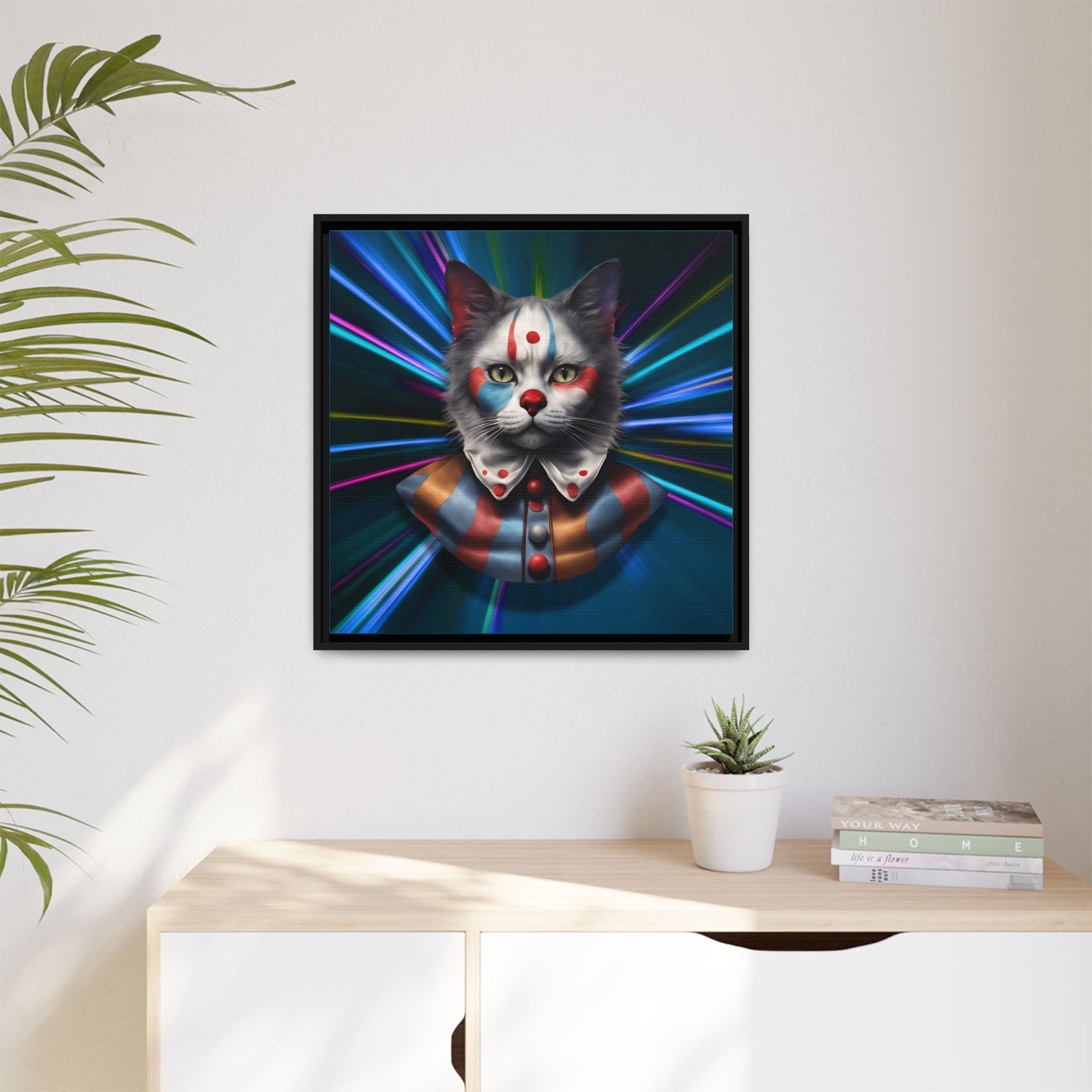 Colorful Cat Clown Framed Canvas Art – Quirky Home Decor for Pet Lovers