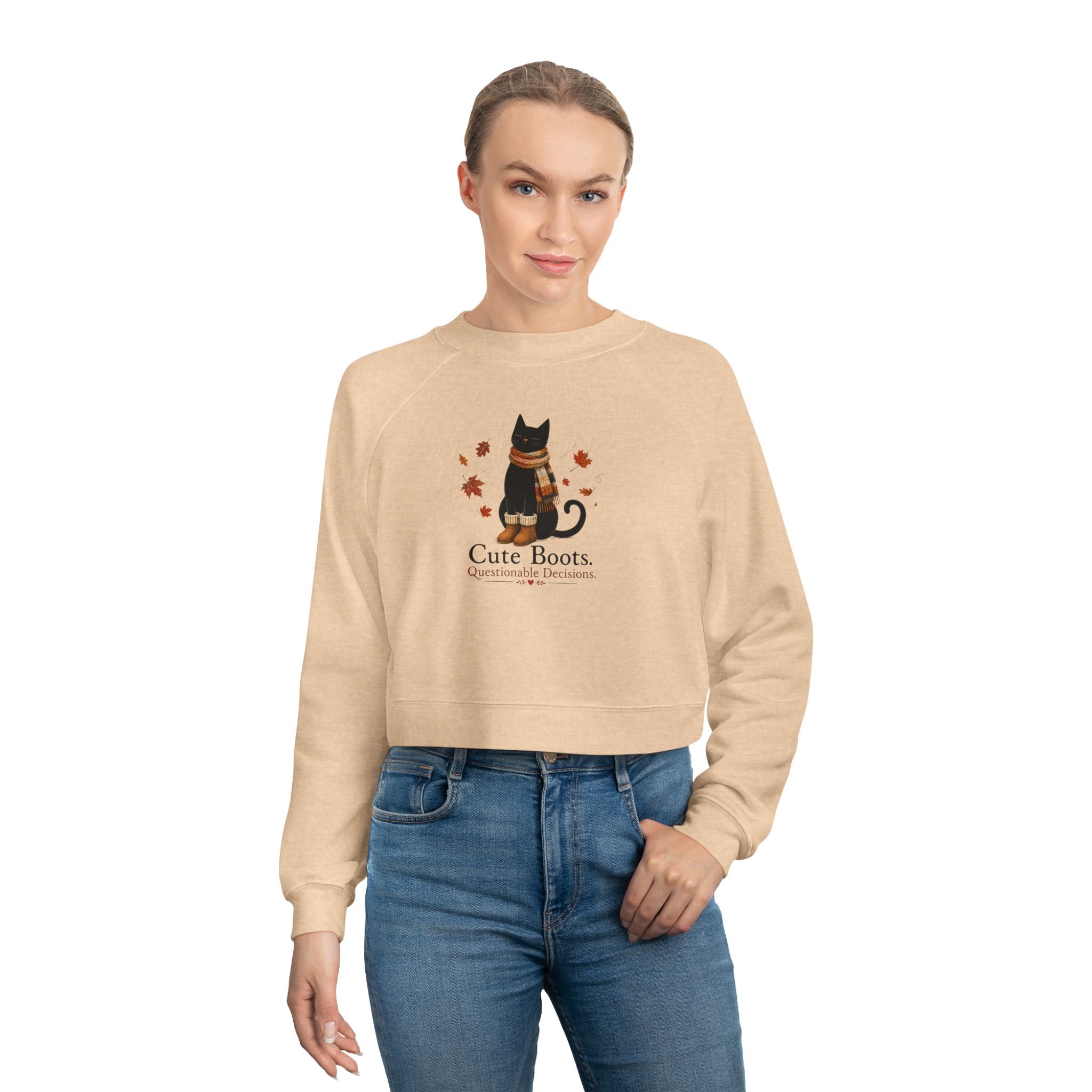 Cute Boots Questionable Decisions Cropped Sweatshirt | Funny Fall Cat Pullover