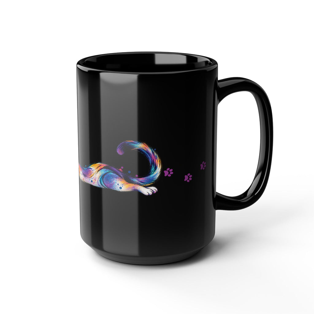 Colorful Stretching Cat Black Ceramic Mug | Whimsical Cat Lover Gift (11oz/15oz)