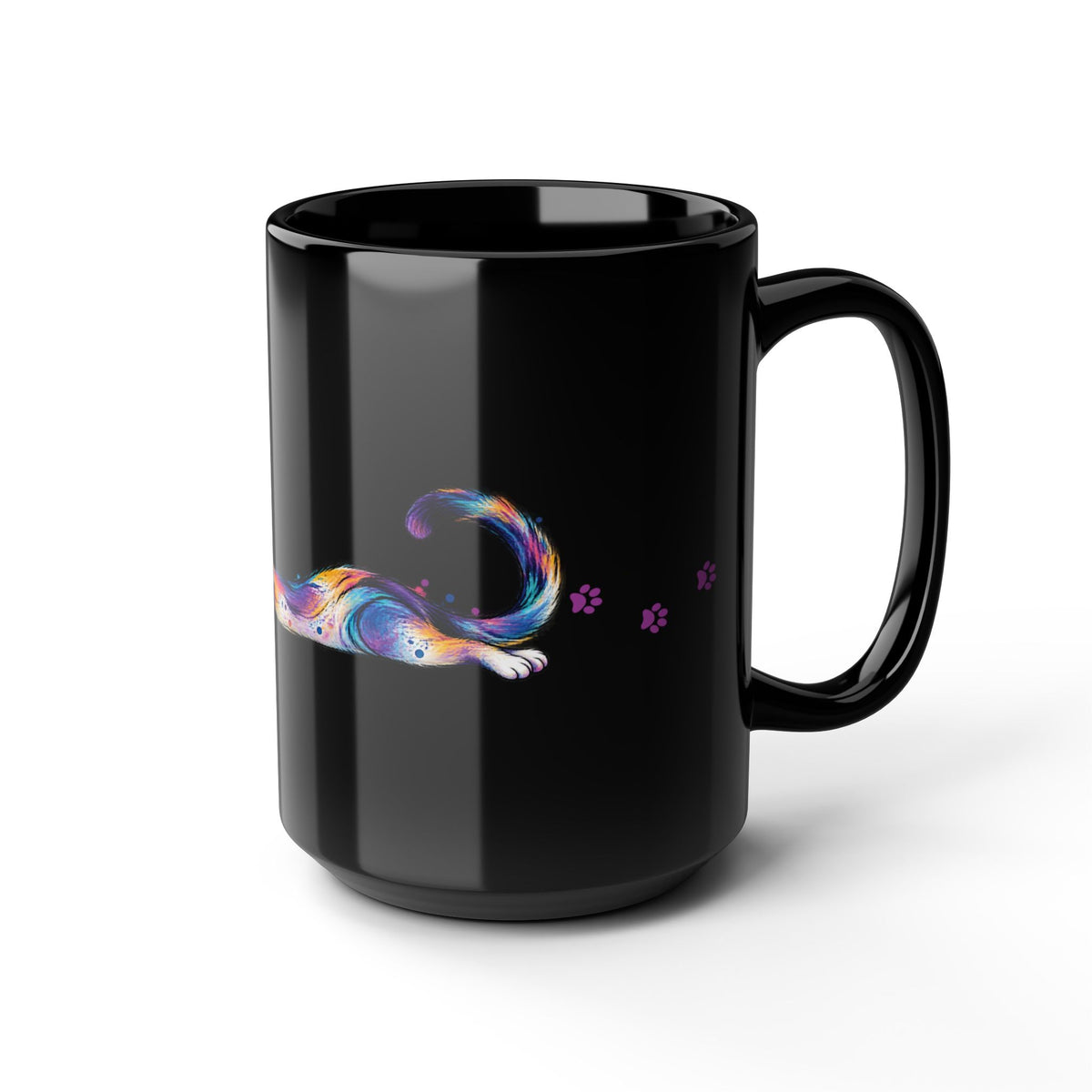 Colorful Stretching Cat Black Ceramic Mug | Whimsical Cat Lover Gift (11oz/15oz)