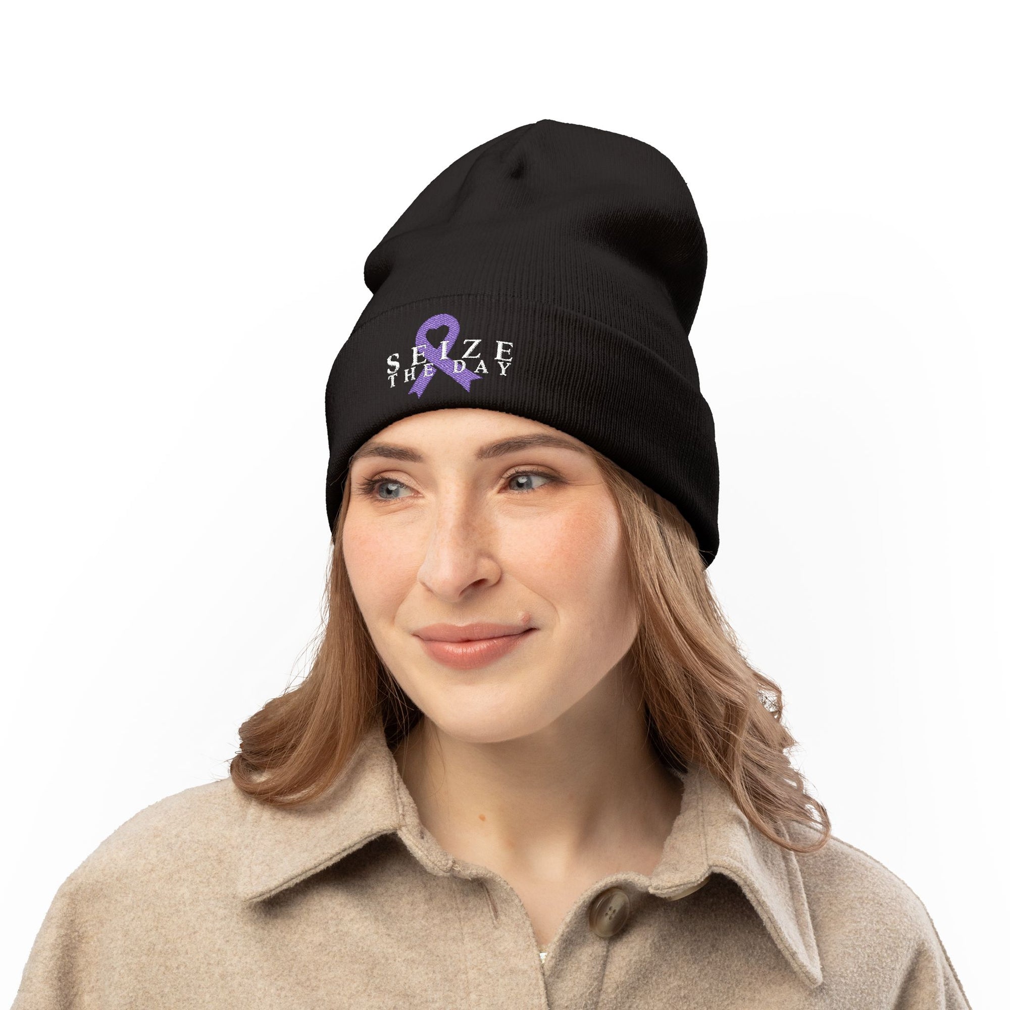 Seize the Day Embroidered Knit Beanie, Cozy Awareness Hat