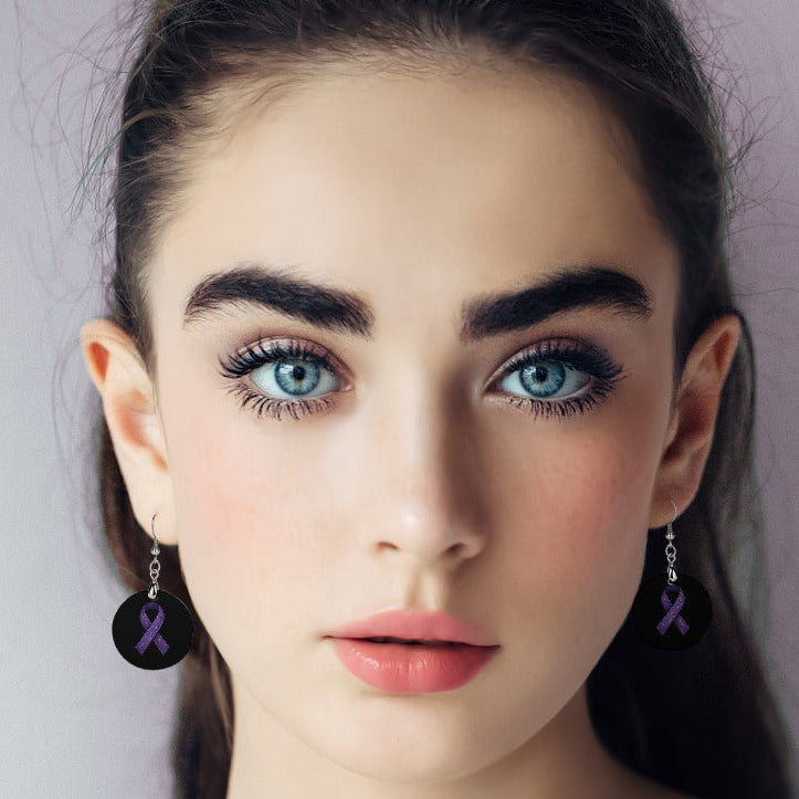 Purple Ribbon Epilepsy Awareness Wood Earrings – Lightweight Round Dangles