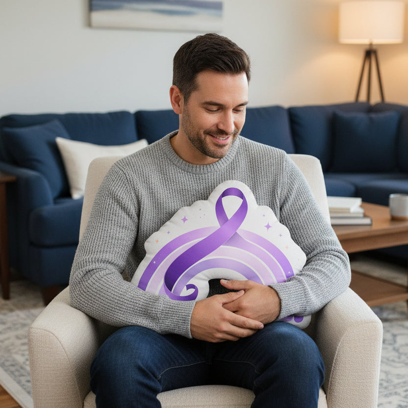 Purple Ribbon Rainbow Pillow — Soft Light, Steady Meaning
