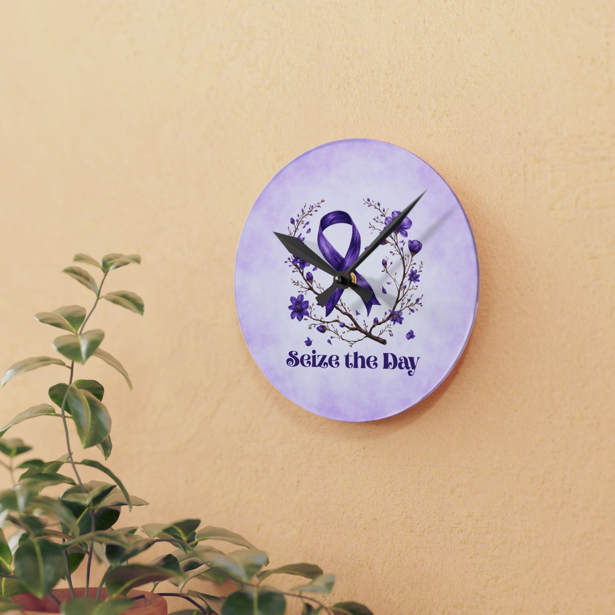 Purple Floral Seize the Day Acrylic Wall Clock