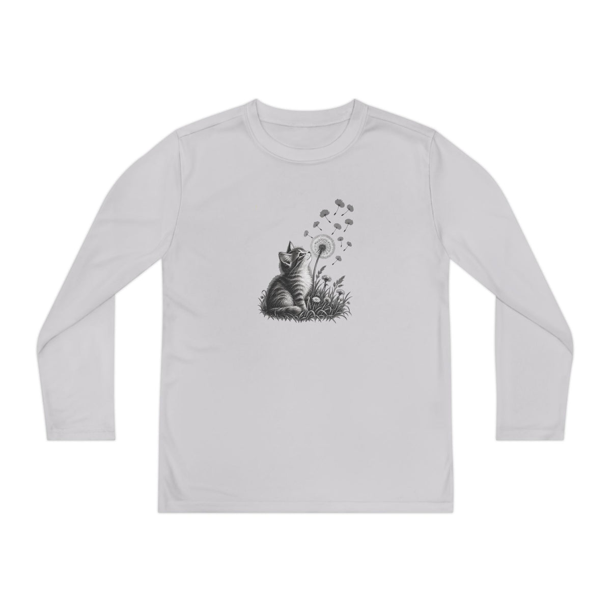 Kitten and Dandelion Youth Long Sleeve Tee | Nature-Inspired Cat Shirt