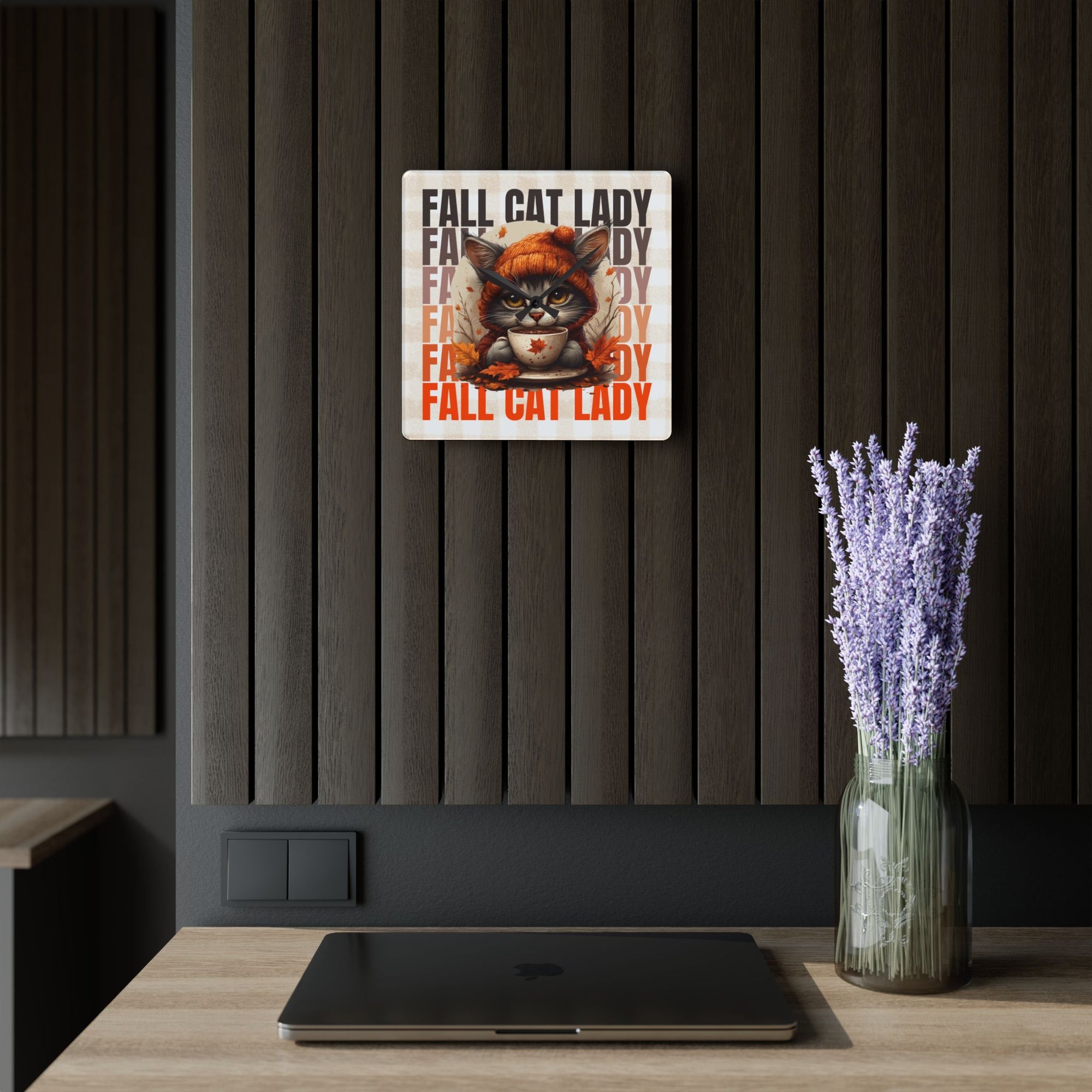 Fall Cat Lady Acrylic Wall Clock, Cute Cat Decor