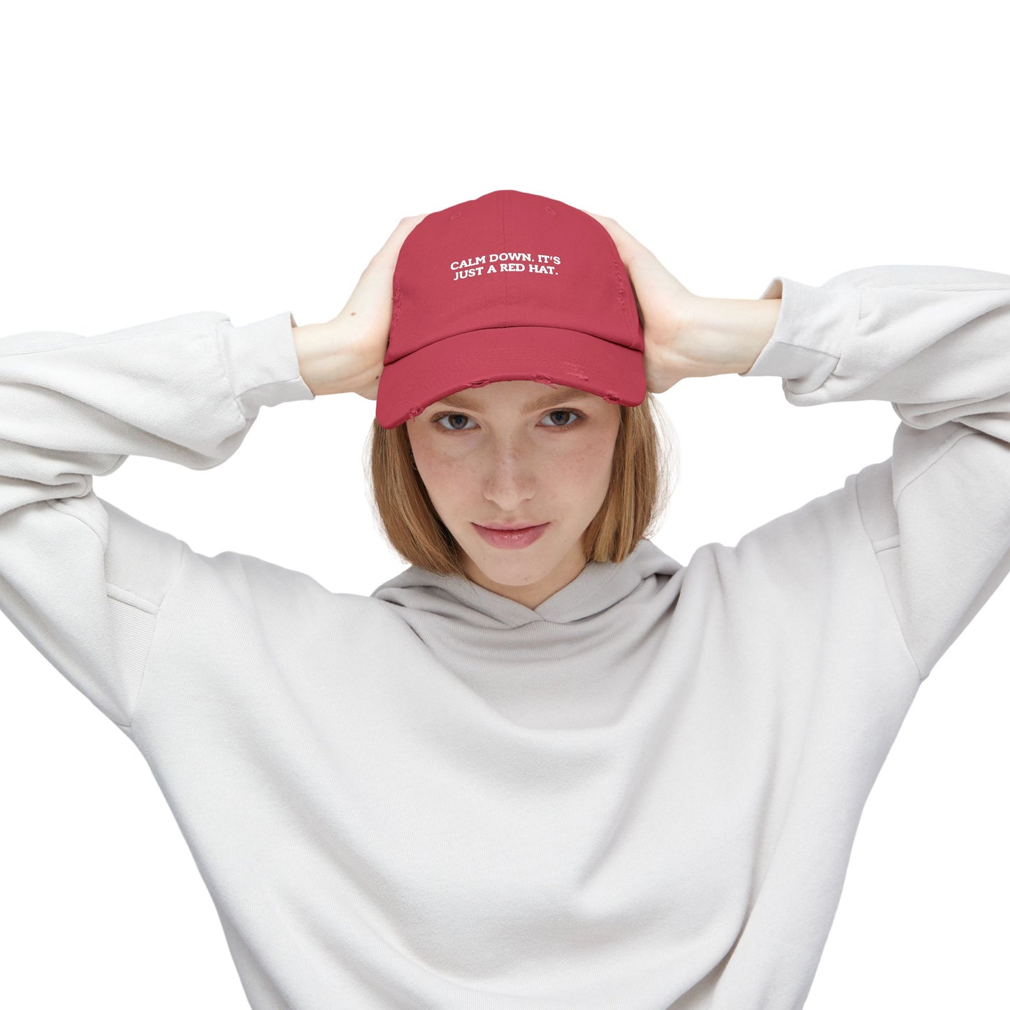 Unisex Distressed Cap - "Calm Down, It's Just a Red Hat"