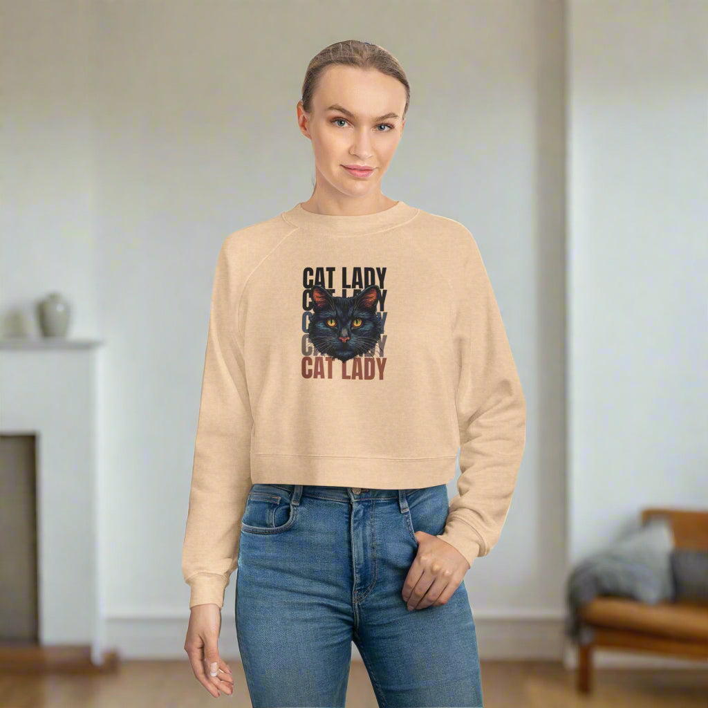 Black Cat Lady Cropped Fleece Pullover, Cozy Cat Lover Sweatshirt