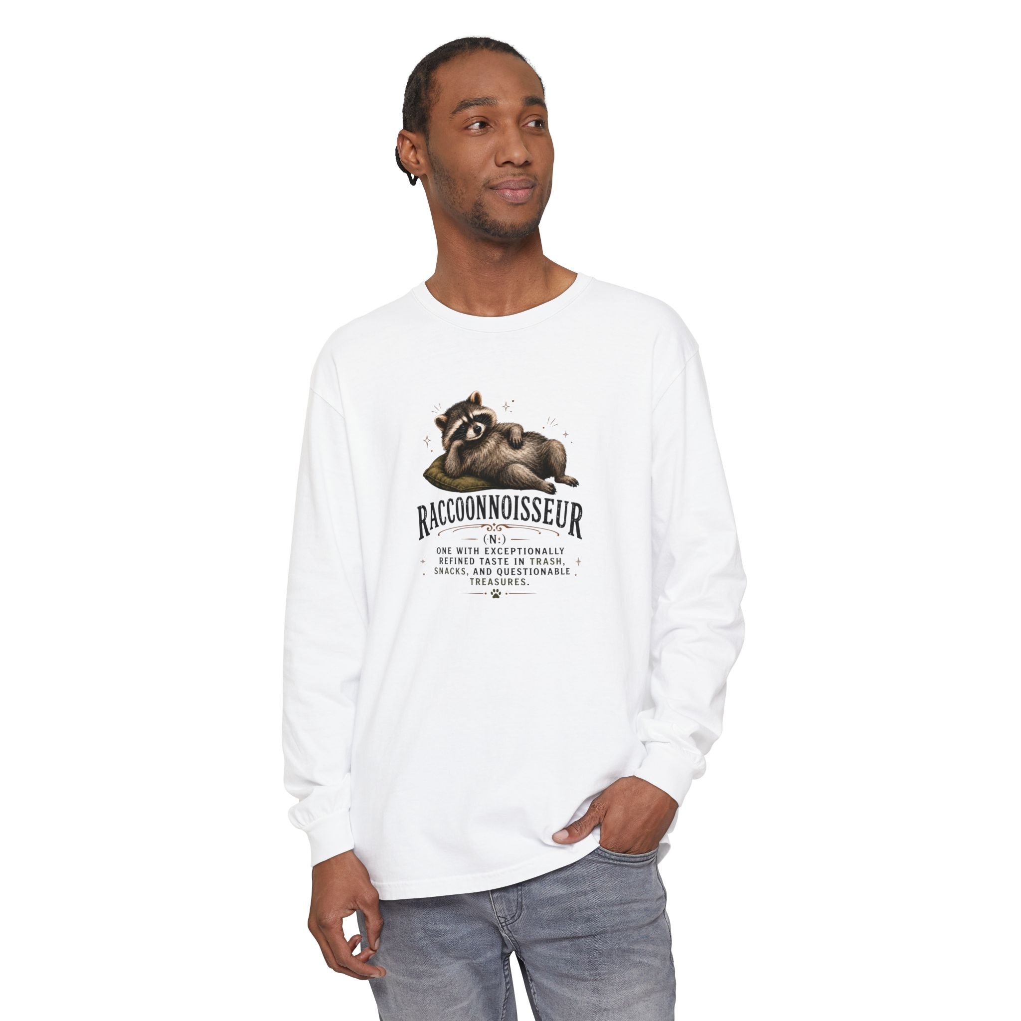 Raccoonnoisseur Garment-Dyed Long Sleeve Shirt | Funny Raccoon Graphic Tee