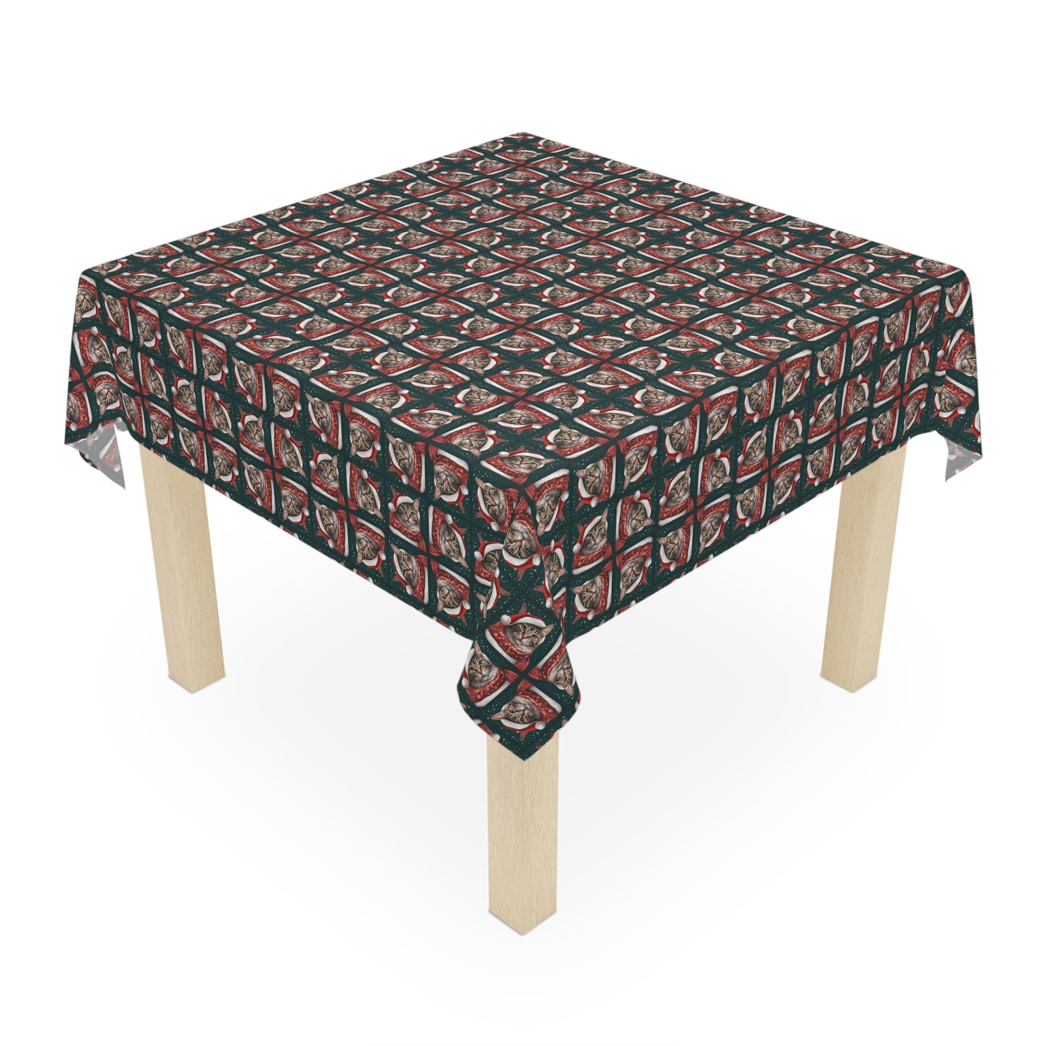 Photo depicting the ​Santa Hat Tabby Christmas Tablecloth from EpiAl's Shop.