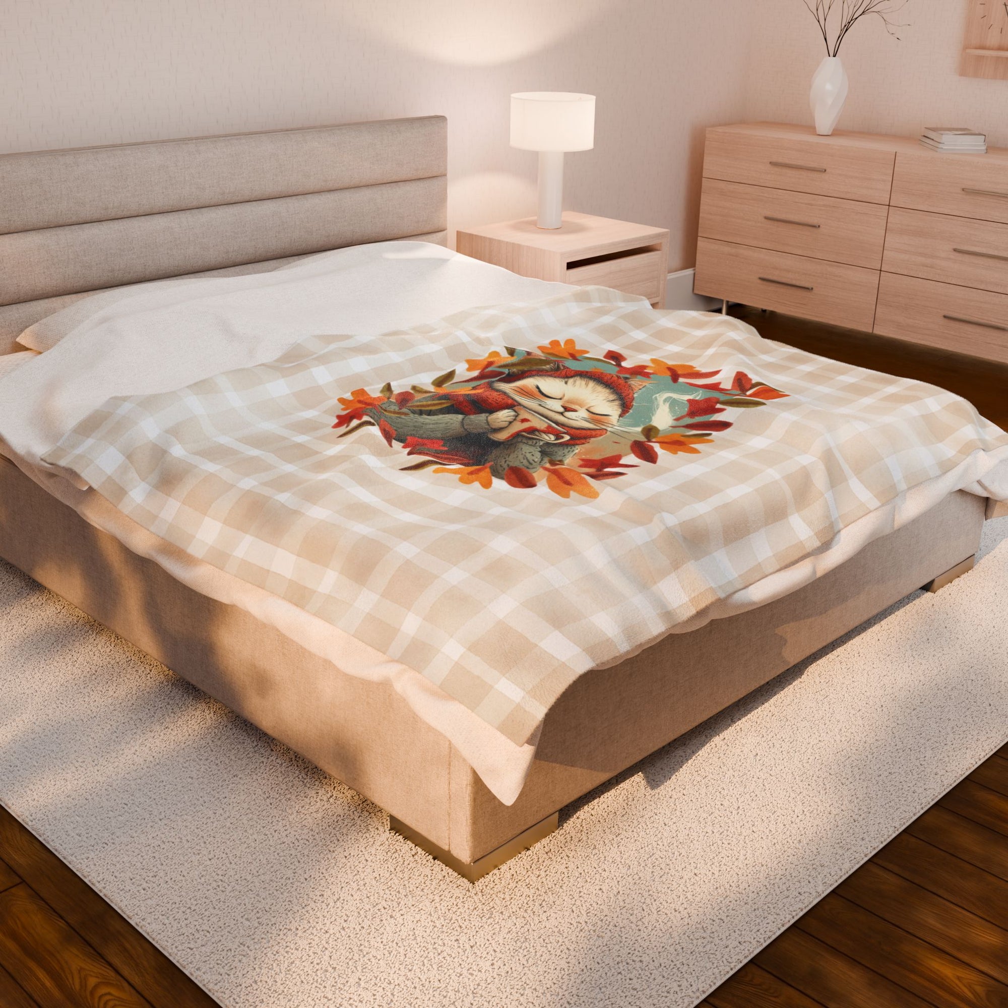 Hot Chocolate Cat Plush Blanket, Soft Throw for Fall
