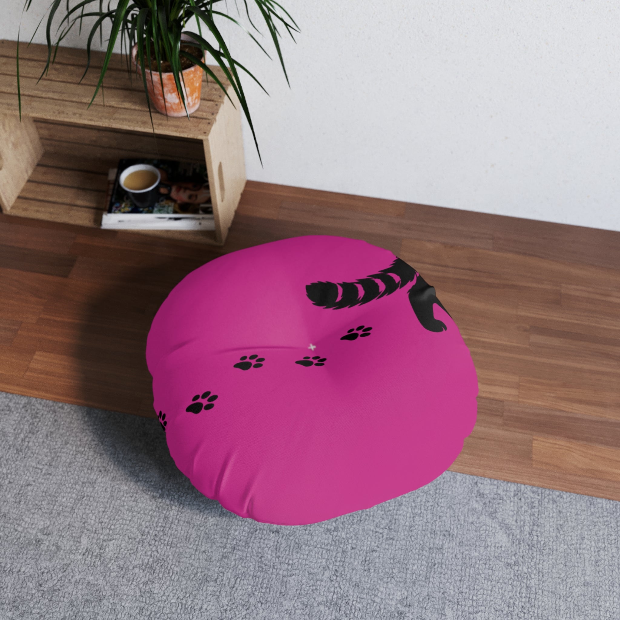 Midnight Cat Walk Round Floor Pillow – Hot Pink Paw Print Cushion (26