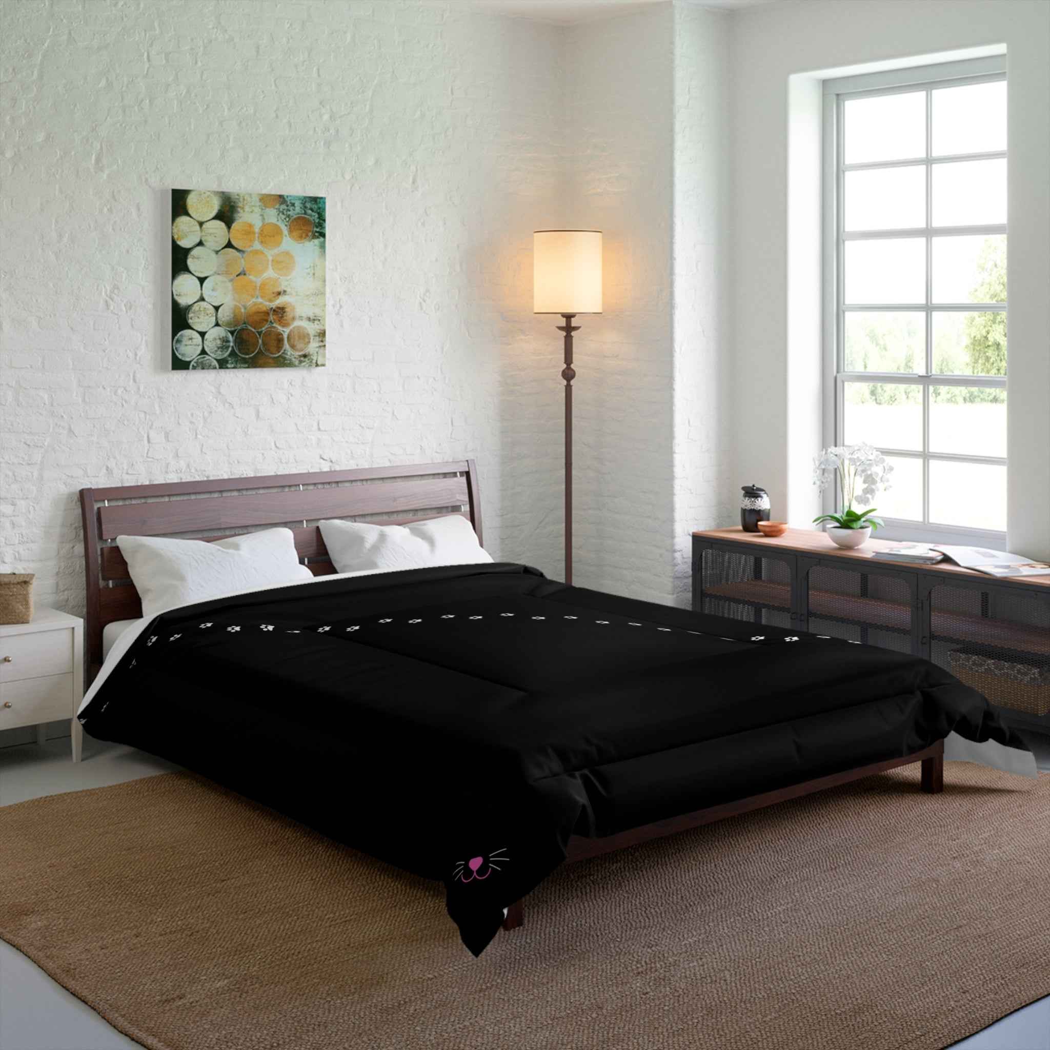 Black “Pawprint Path” Cat Lover Comforter