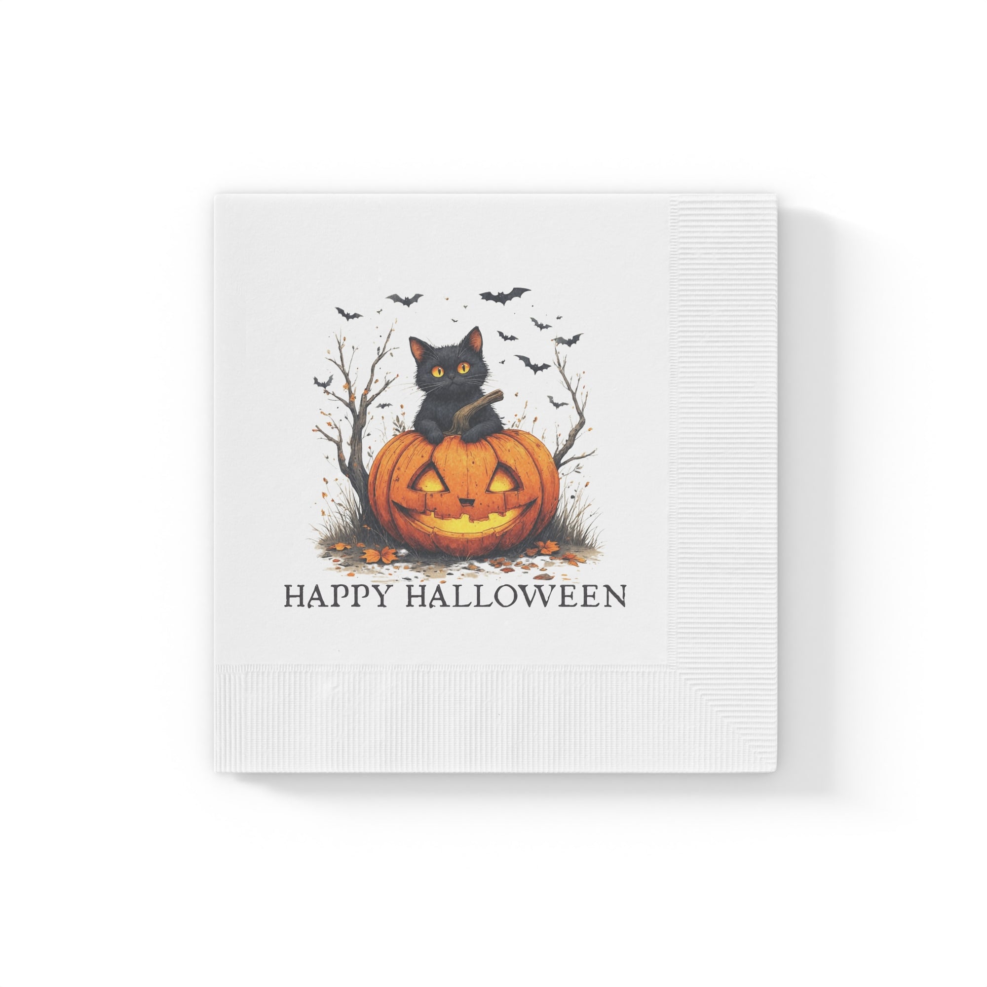 Halloween Themed Napkins with Cat and Pumpkin Design