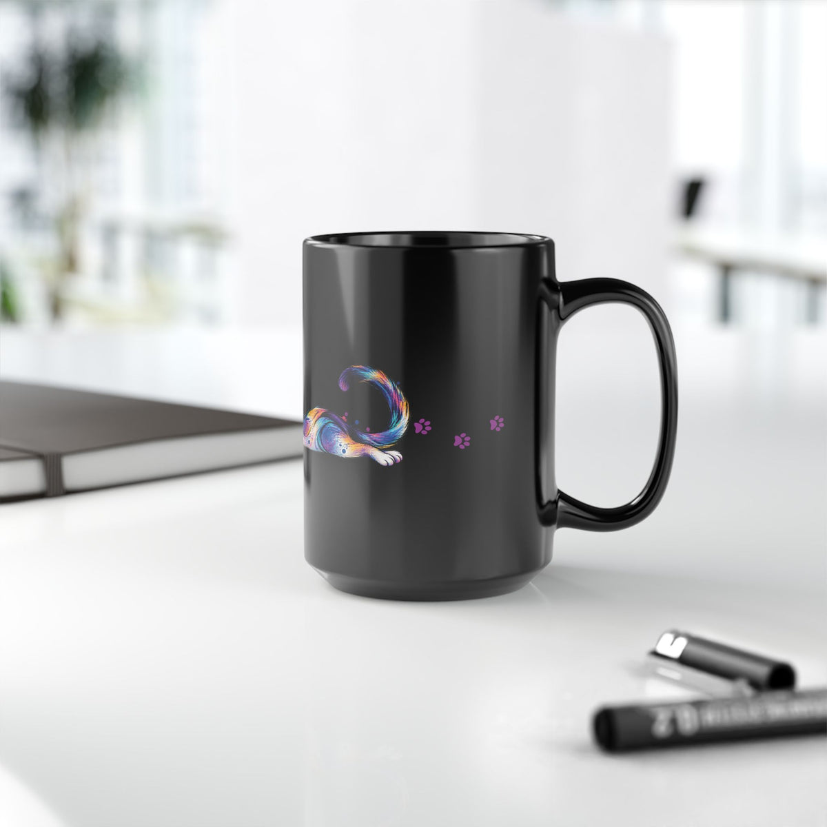 Colorful Stretching Cat Black Ceramic Mug | Whimsical Cat Lover Gift (11oz/15oz)