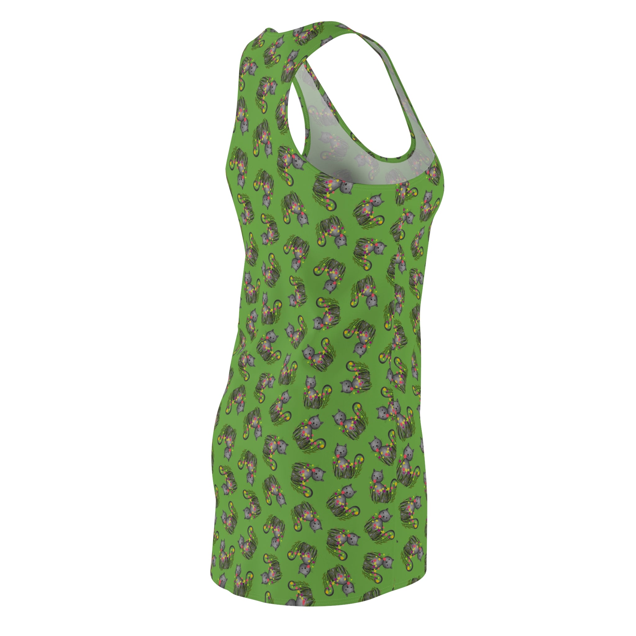 Green WhimsiCat Racerback Dress – Lightweight Athletic Cat Print Dress
