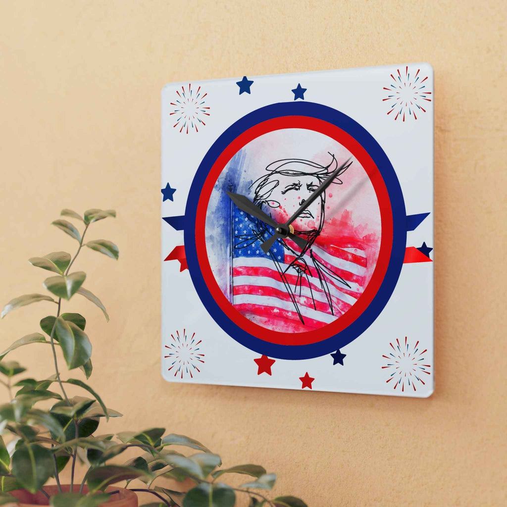 Patriotic Sketch Portrait Acrylic Wall Clock – American Flag Watercolor Clock